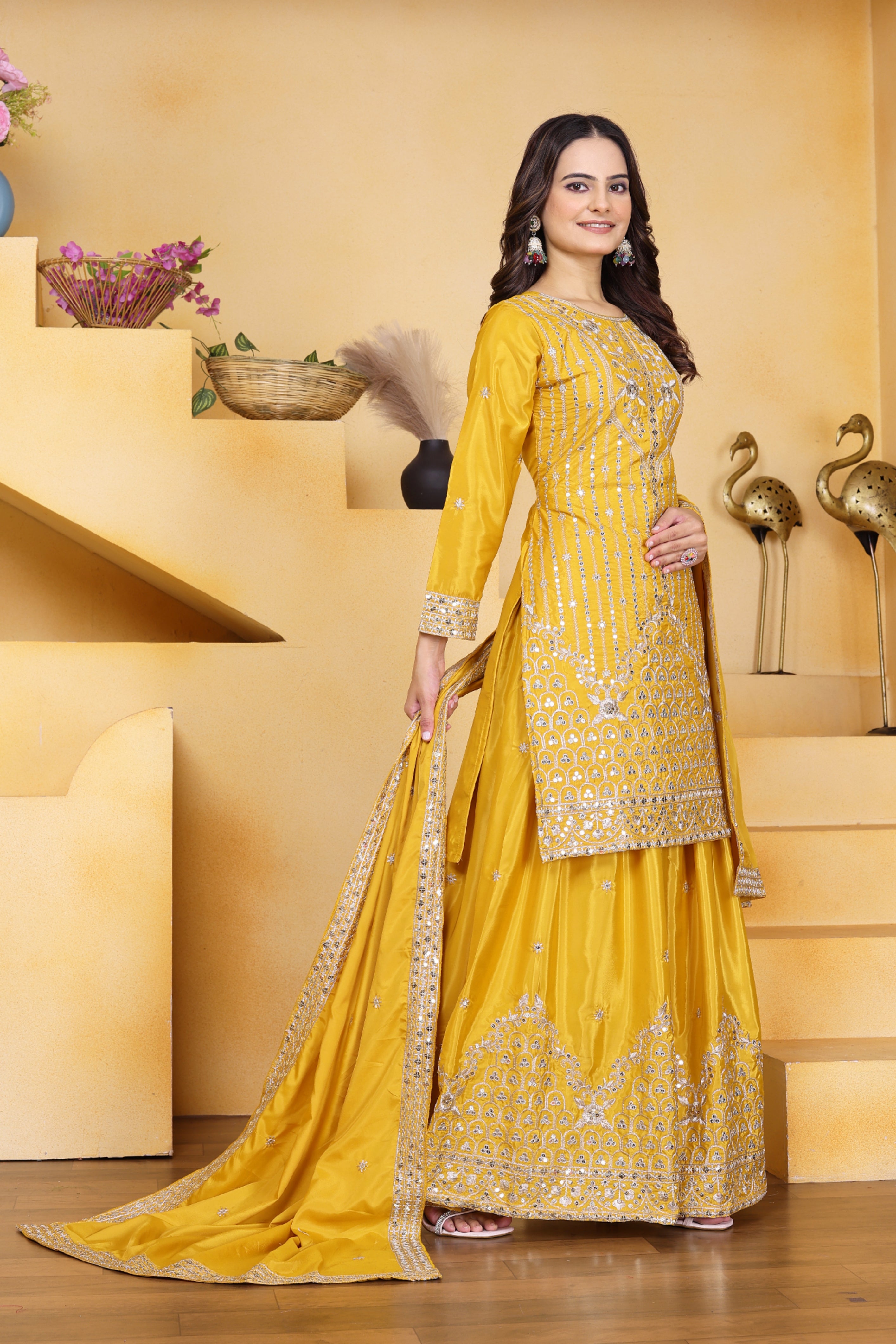 Embroidered Natural Crepe Sharara Suit