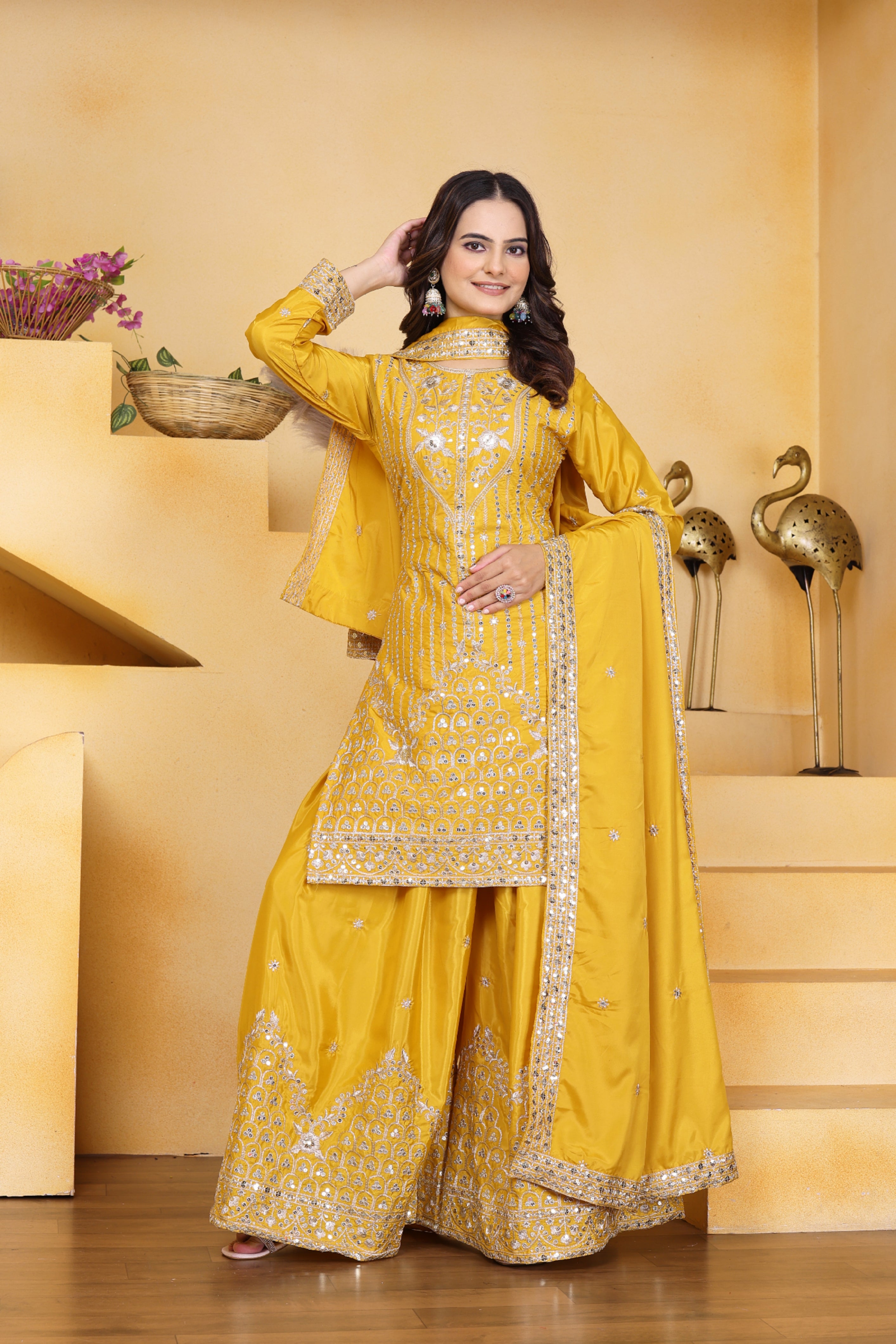 Embroidered Natural Crepe Sharara Suit