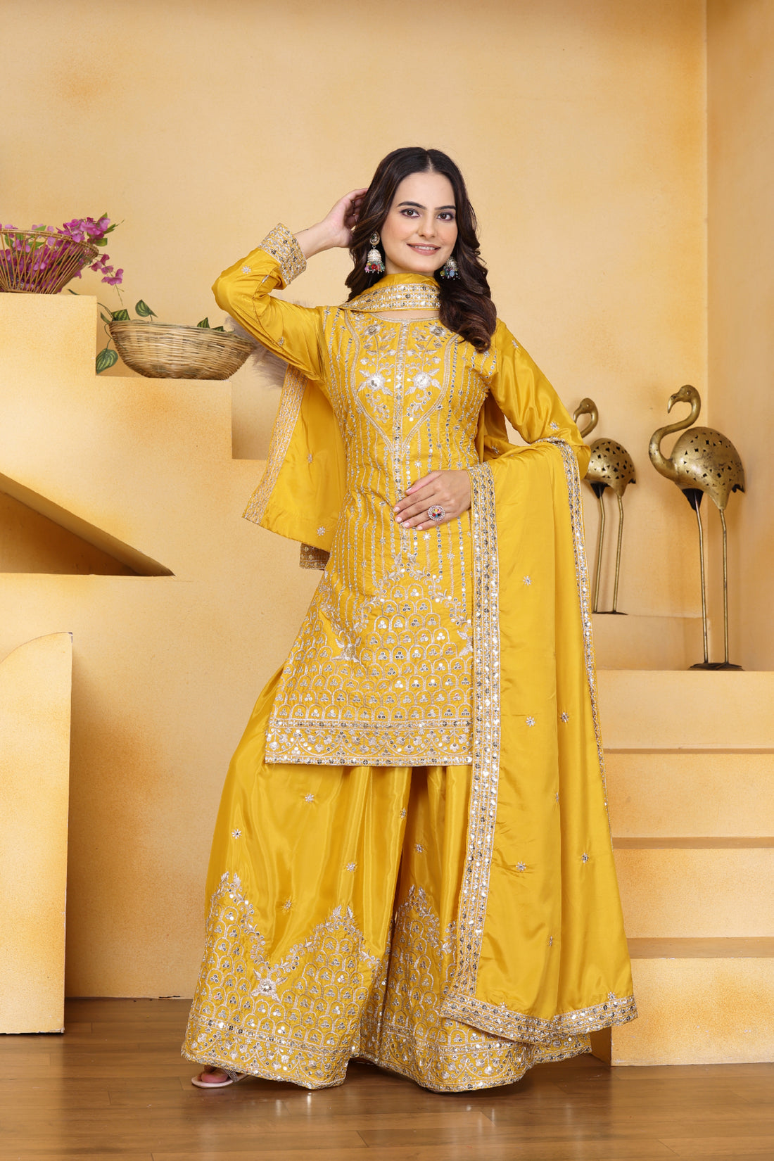 Embroidered Natural Crepe Sharara Suit