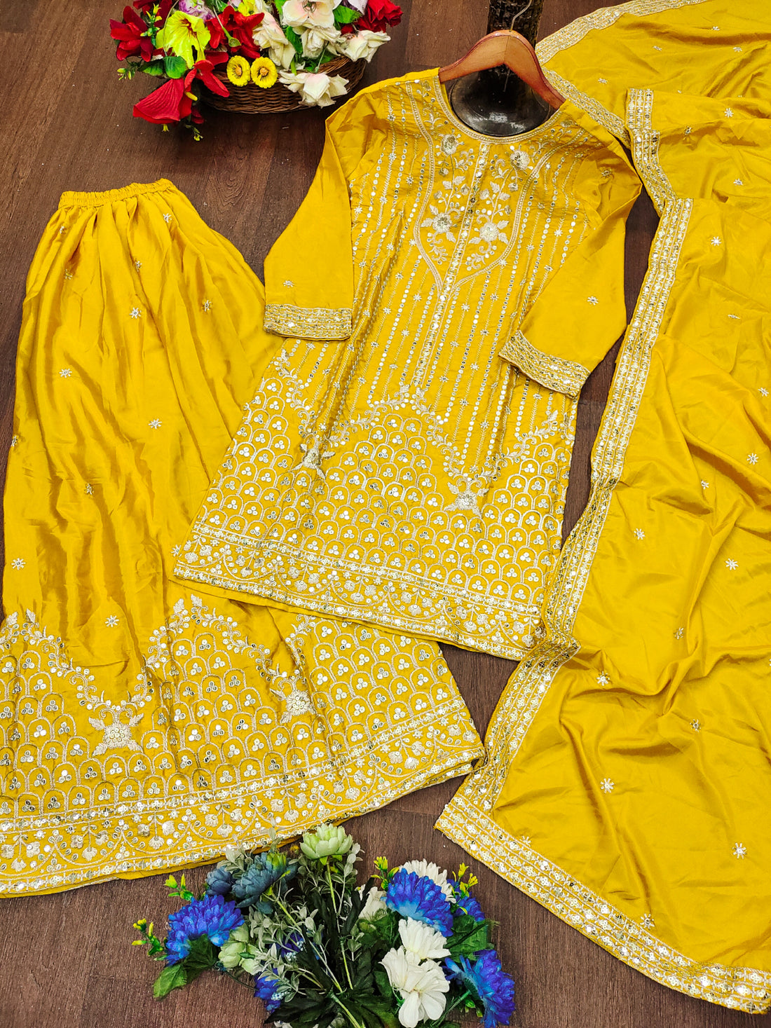 Embroidered Natural Crepe Sharara Suit