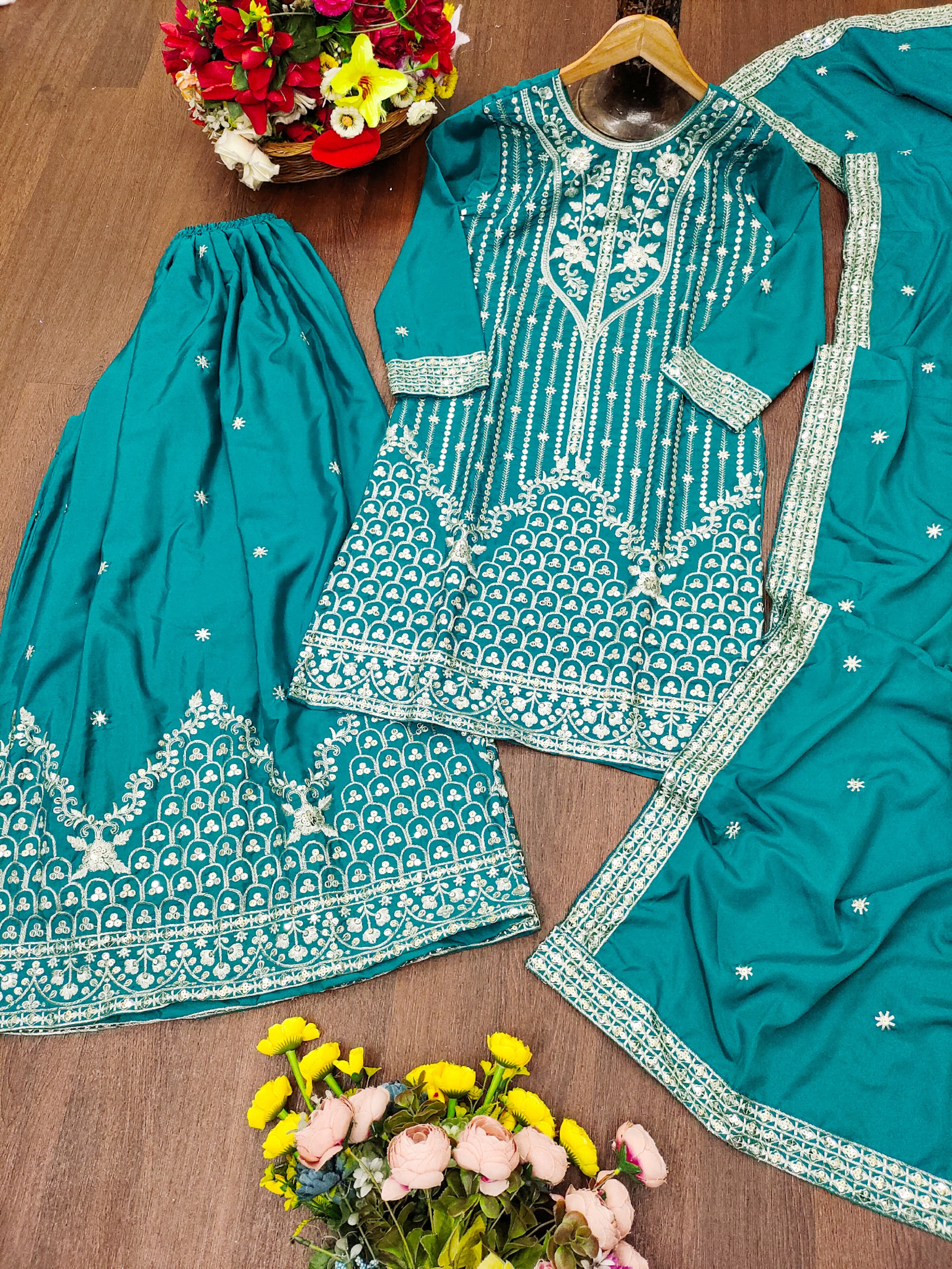 Embroidered Natural Crepe Sharara Suit