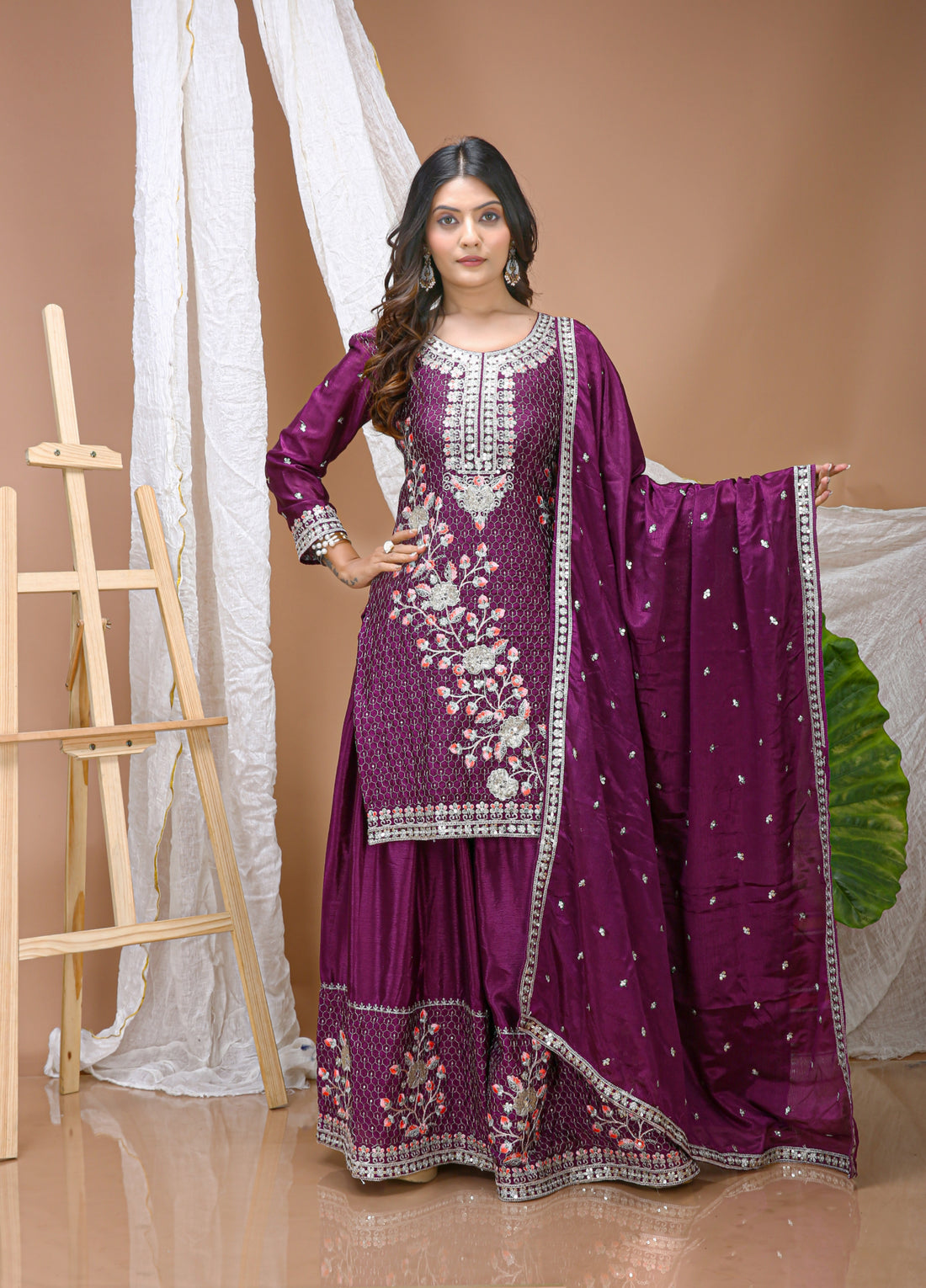 Embroidered Chinon Sharara Suit