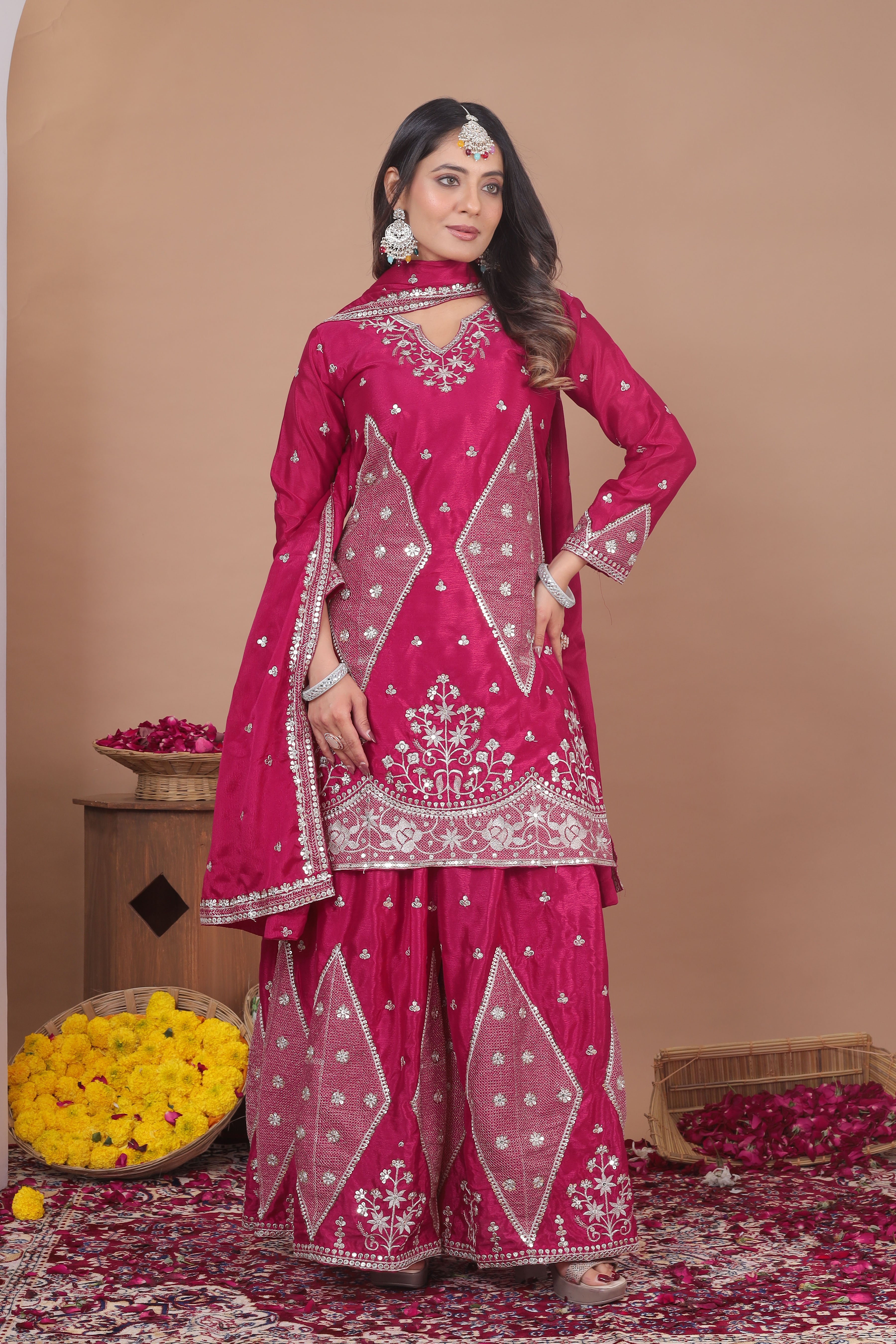 Embroidered Chinon Sharara Suit