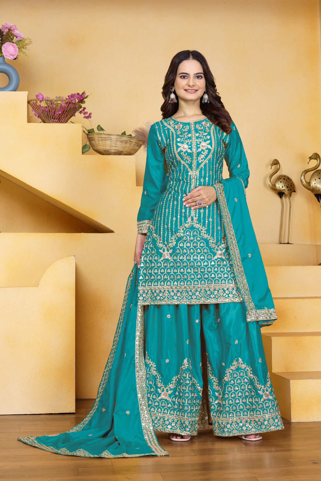 Embroidered Natural Crepe Sharara Suit