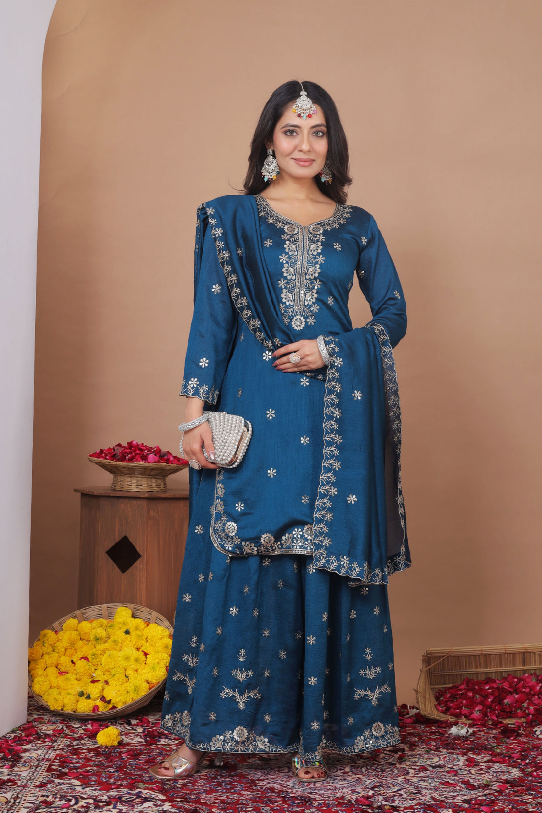 Embroidered Vichitra Silk Sharara Suit