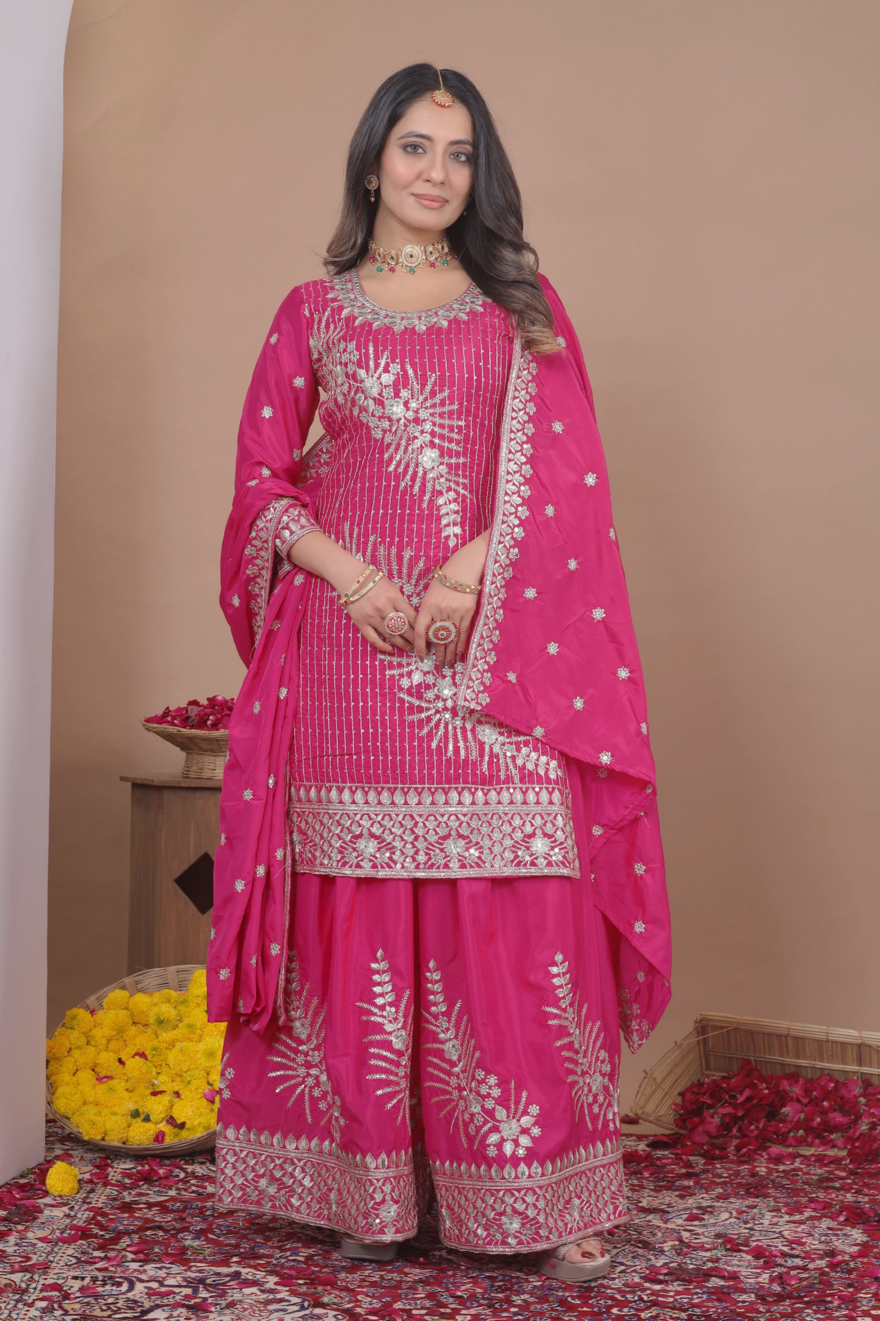 Embroidered Natural Crepe Sharara Suit
