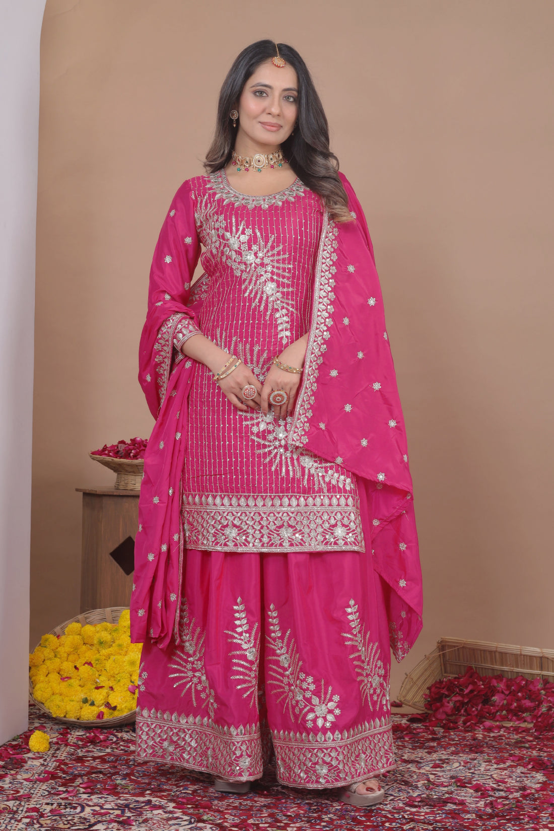 Embroidered Natural Crepe Sharara Suit