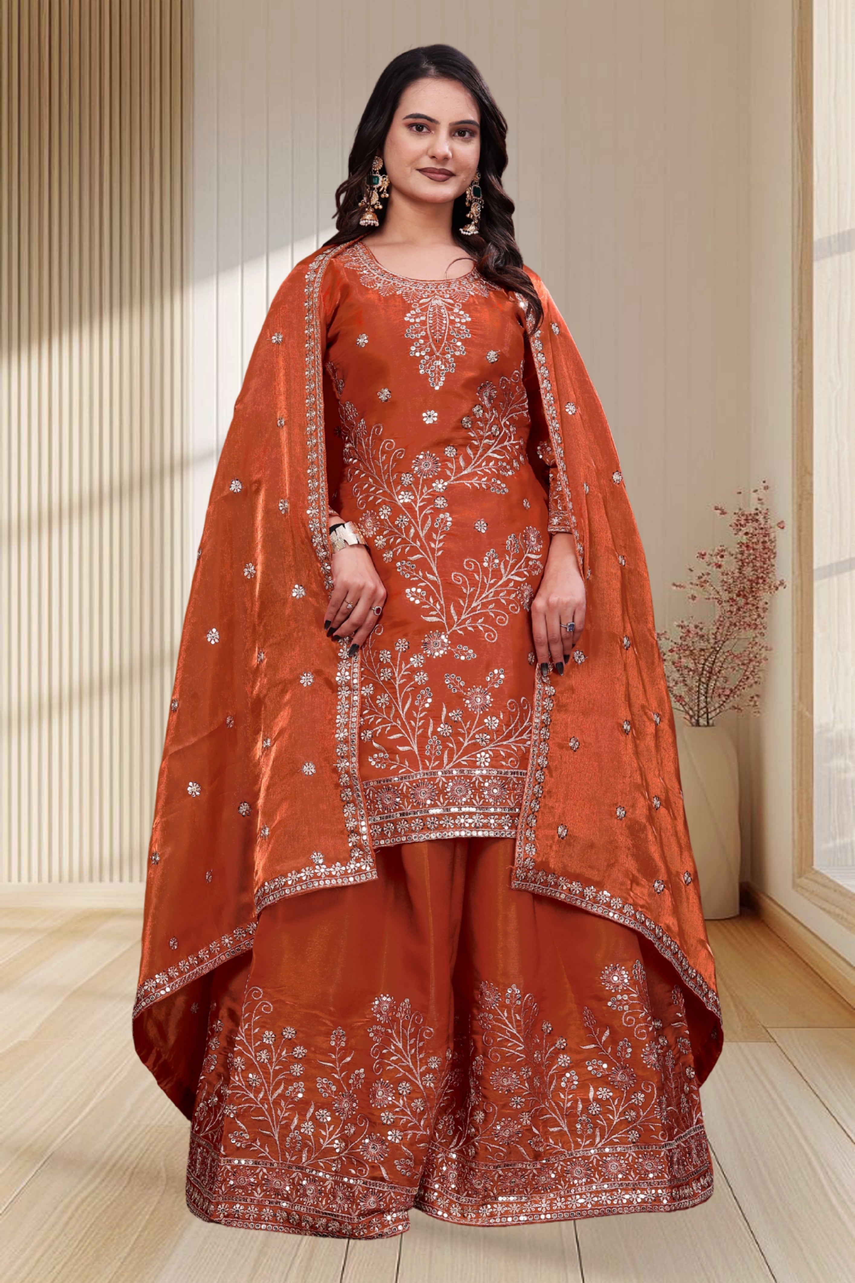 Embroidered Fendy Silk Sharara Suit