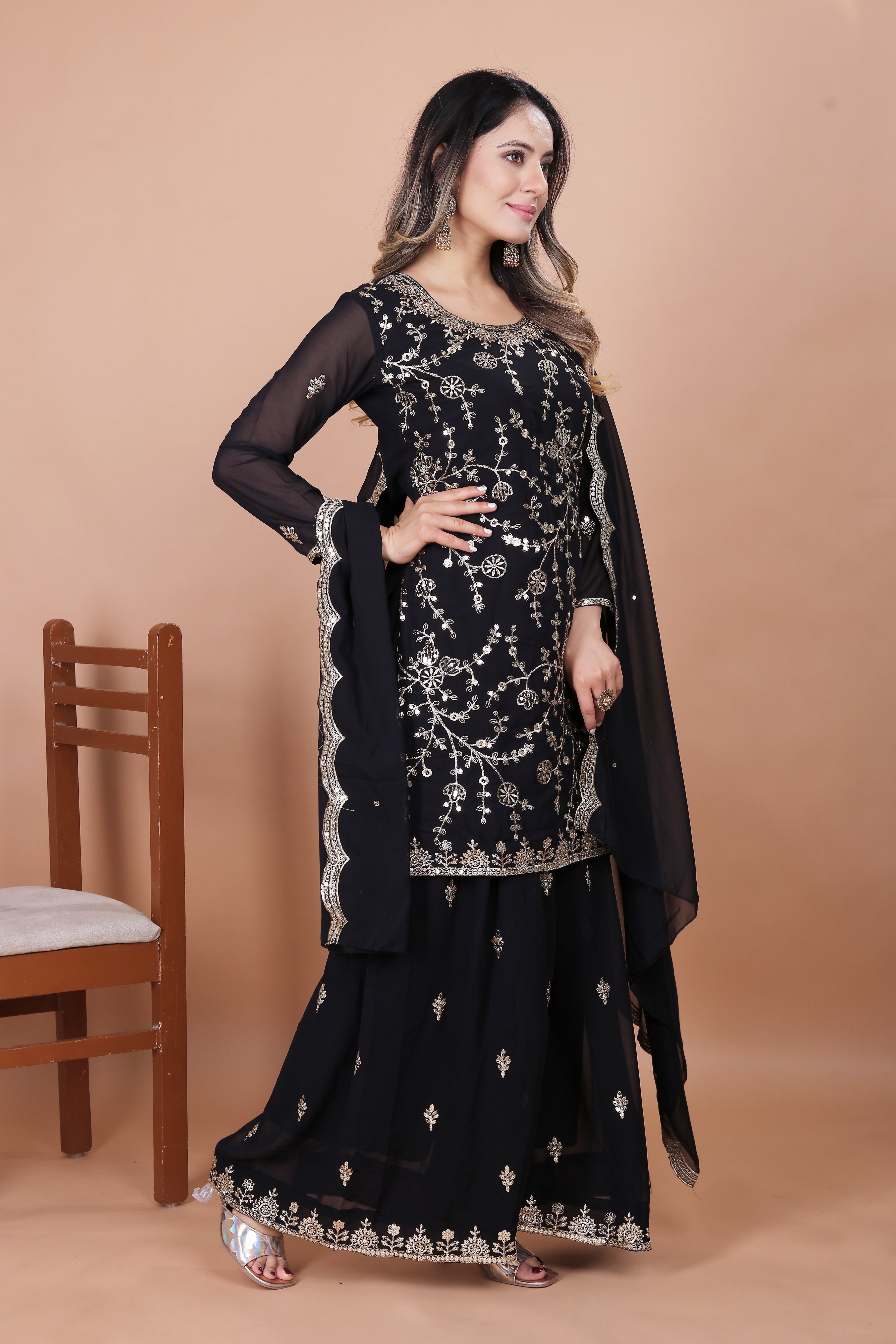 Embroidered Fox Georgette Sharara Suit