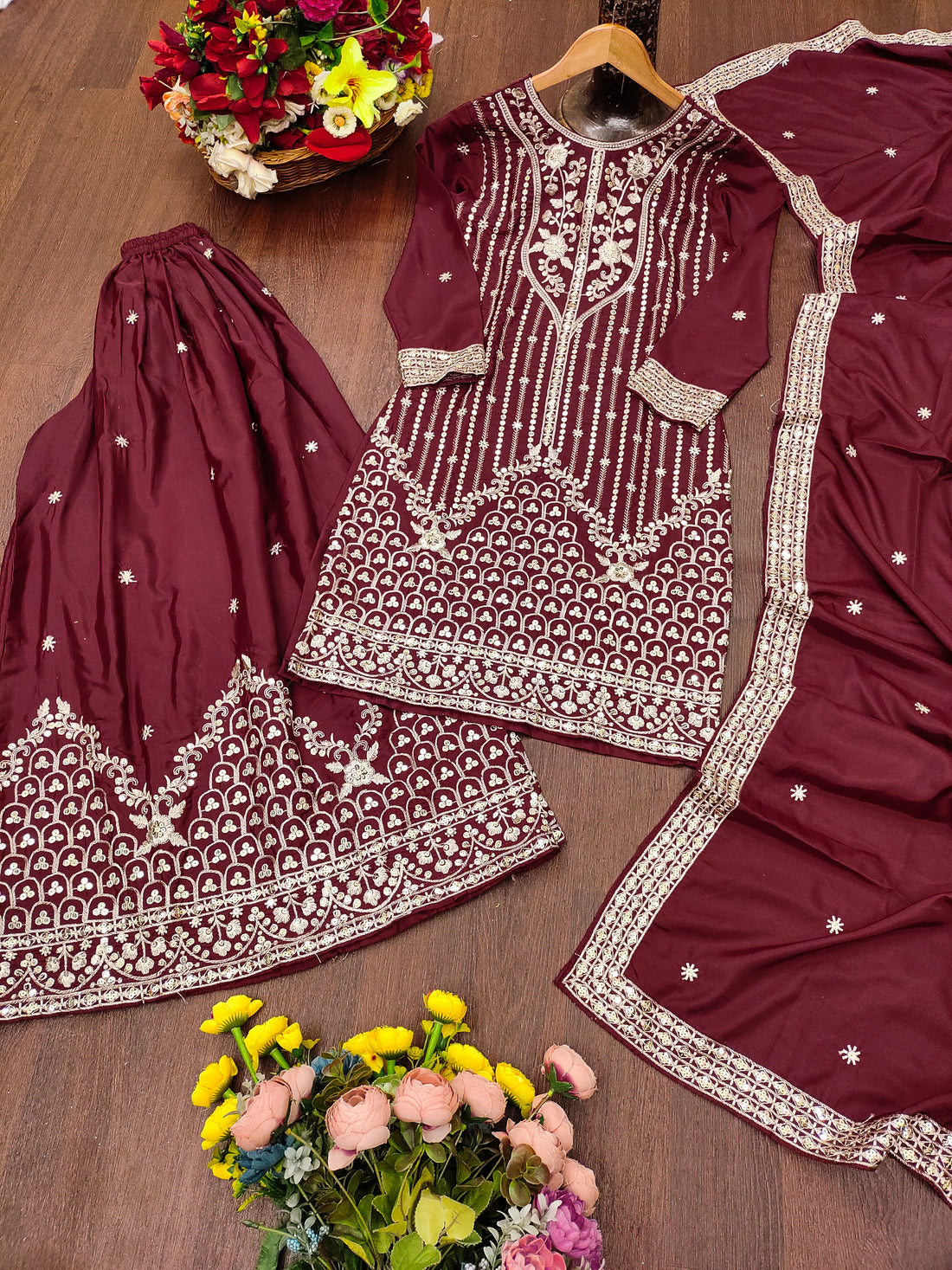 Embroidered Natural Crepe Sharara Suit