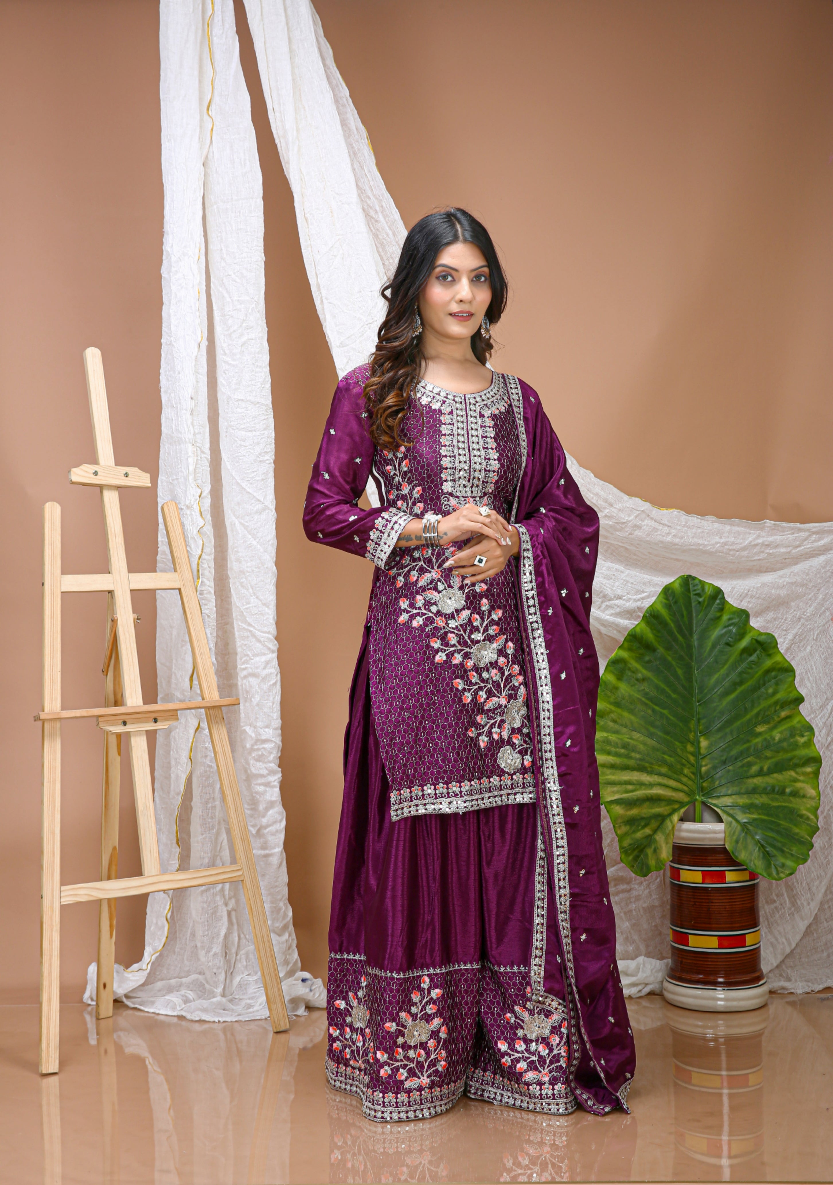 Embroidered Chinon Sharara Suit