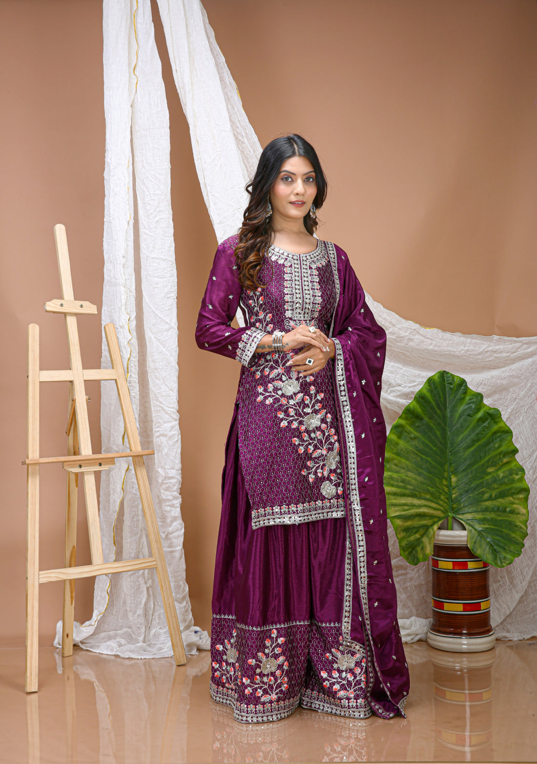 Embroidered Chinon Sharara Suit