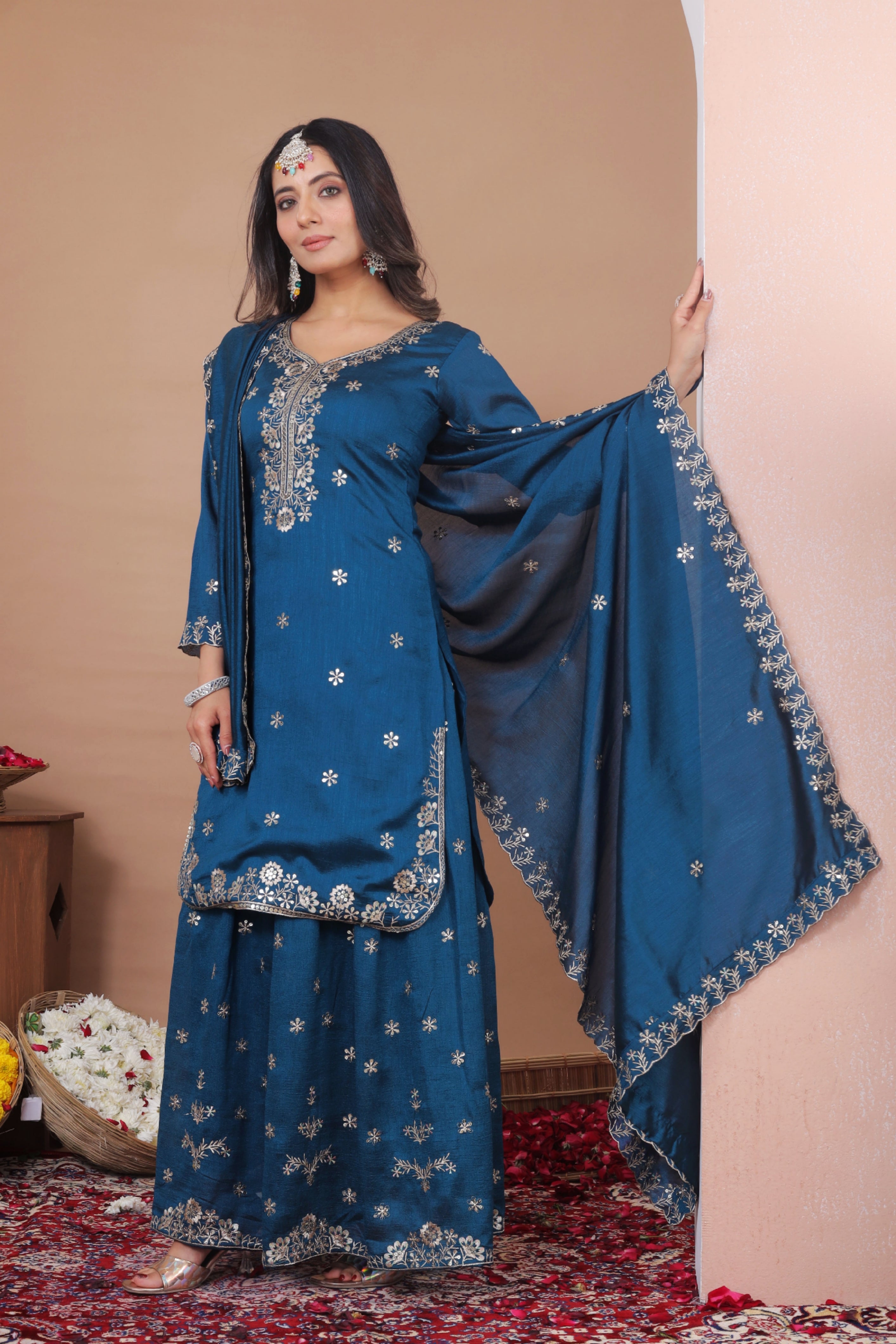 Embroidered Vichitra Silk Sharara Suit