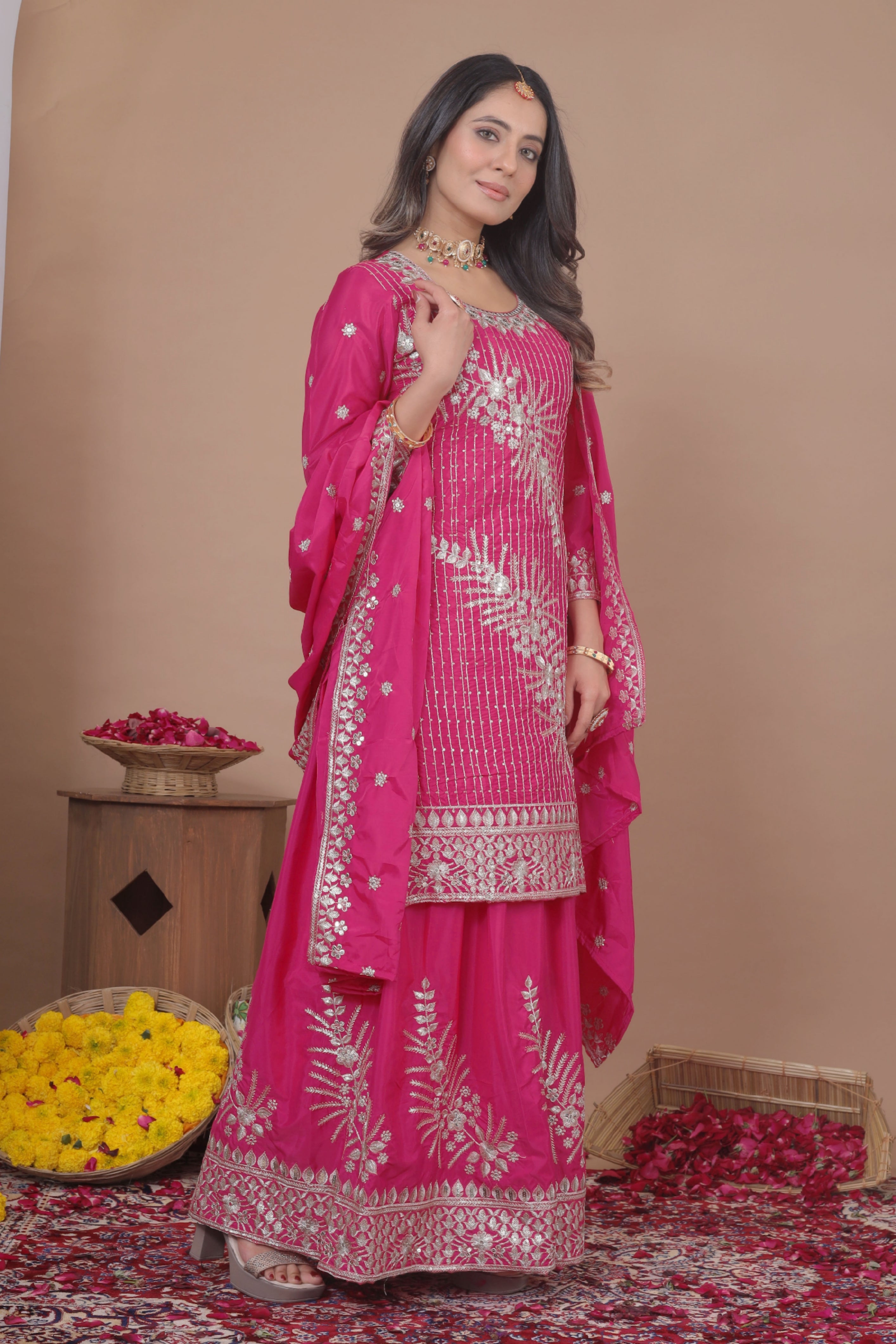 Embroidered Natural Crepe Sharara Suit