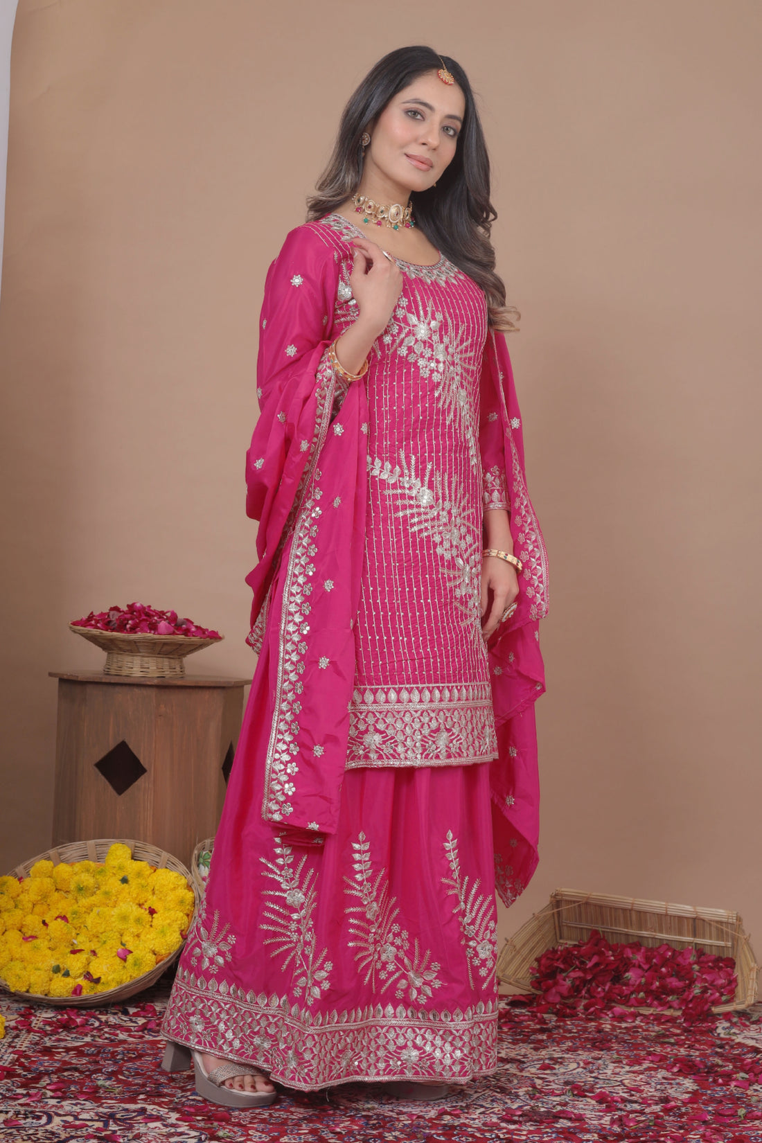 Embroidered Natural Crepe Sharara Suit