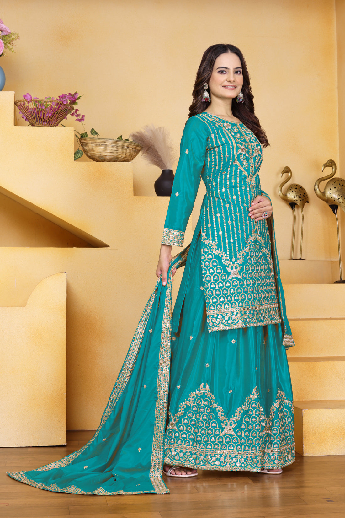 Embroidered Natural Crepe Sharara Suit