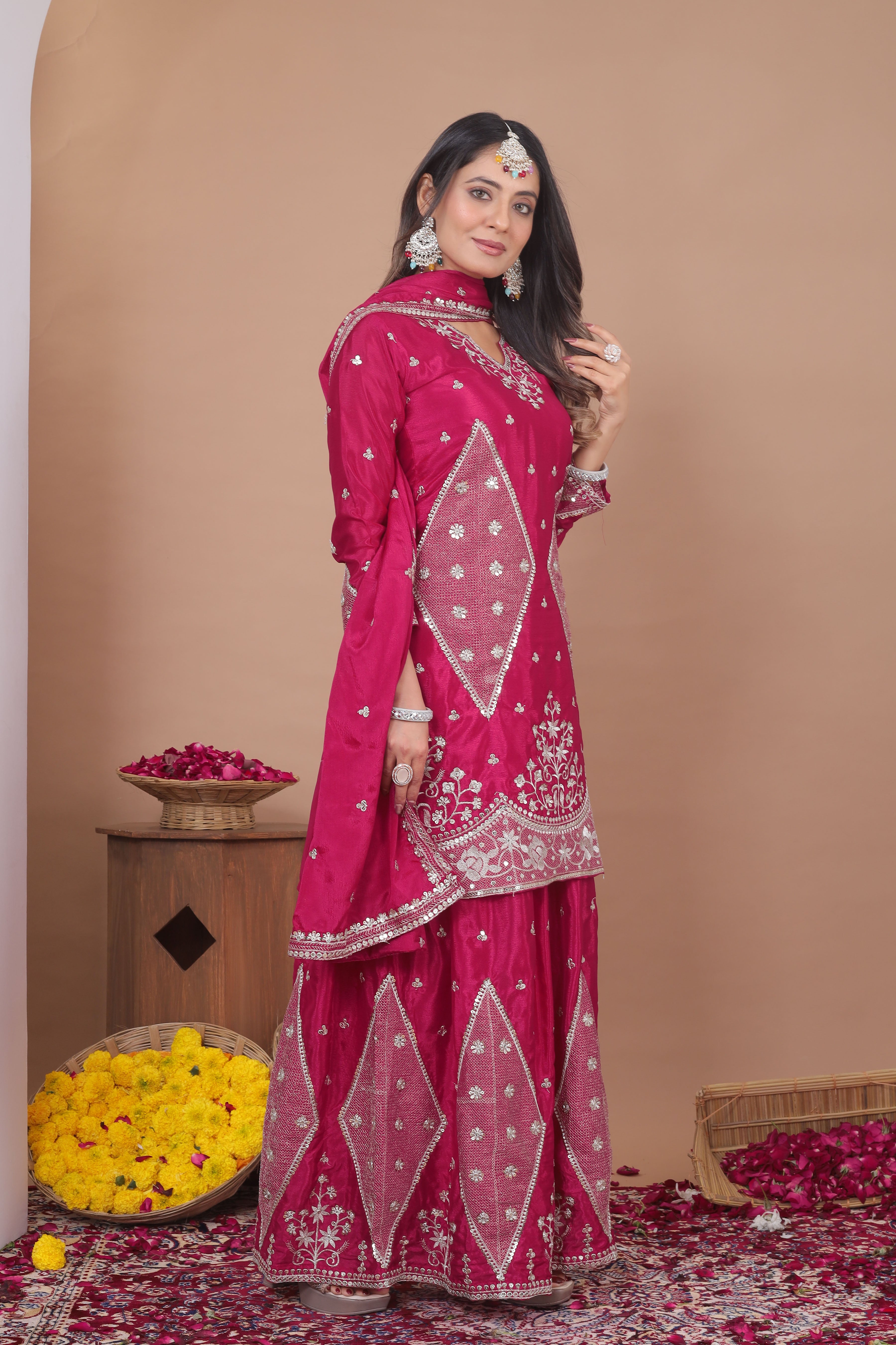 Embroidered Chinon Sharara Suit