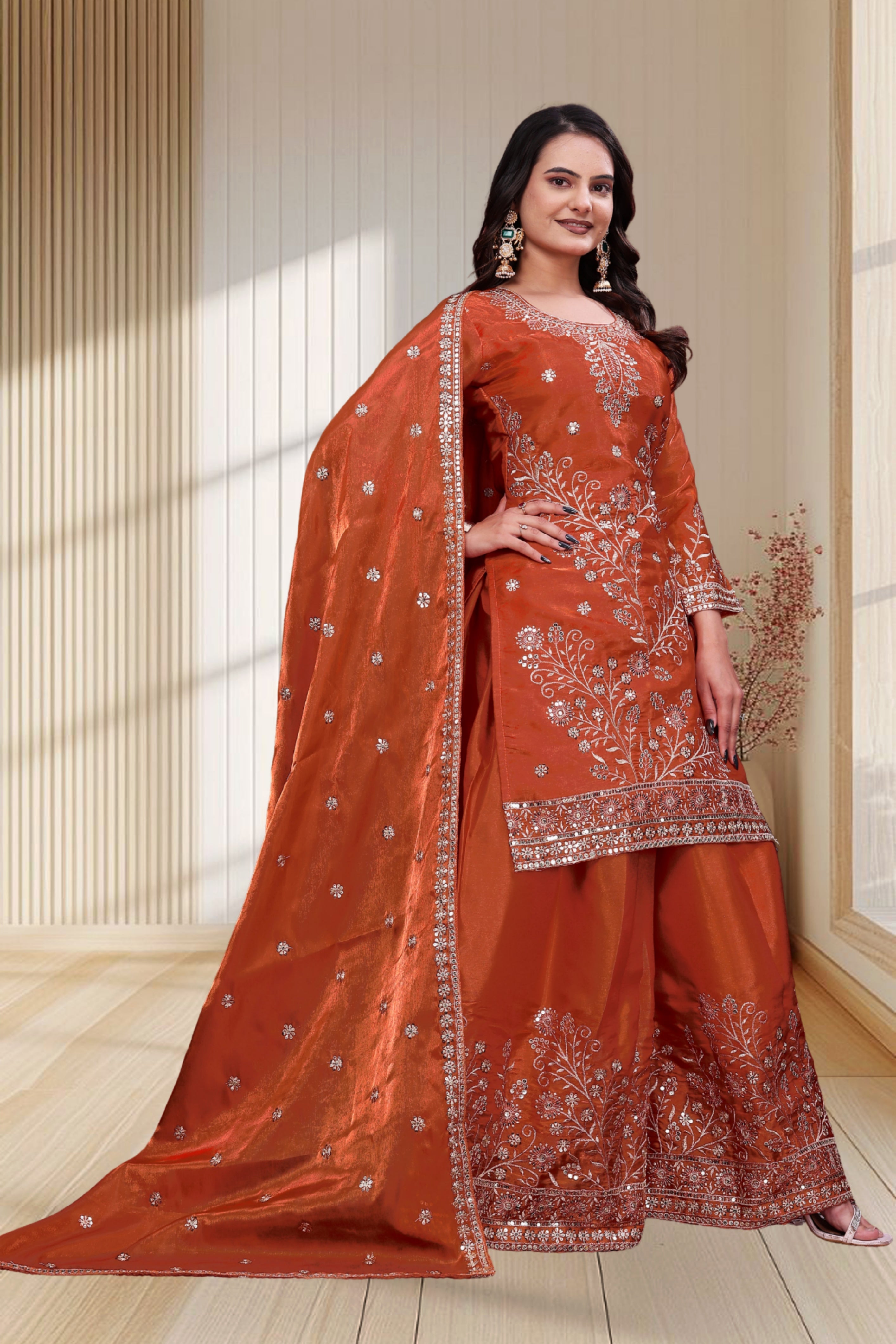 Embroidered Fendy Silk Sharara Suit