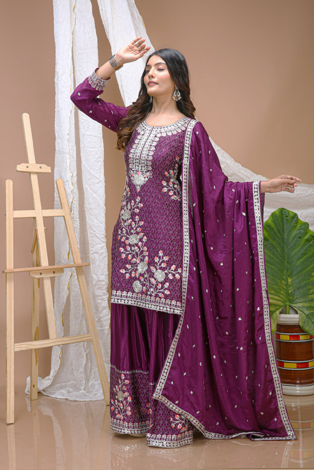 Embroidered Chinon Sharara Suit