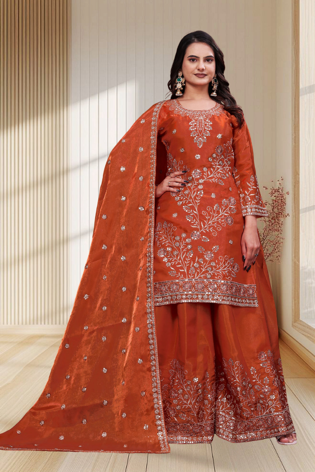 Embroidered Fendy Silk Sharara Suit