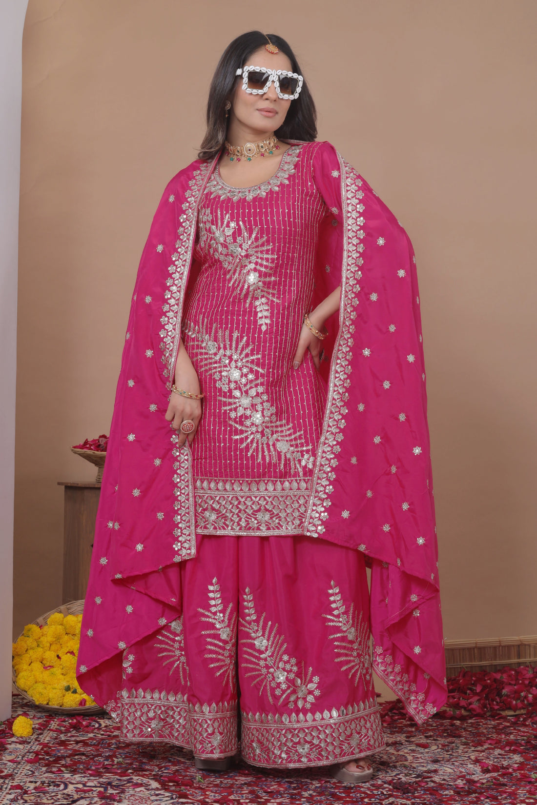 Embroidered Natural Crepe Sharara Suit