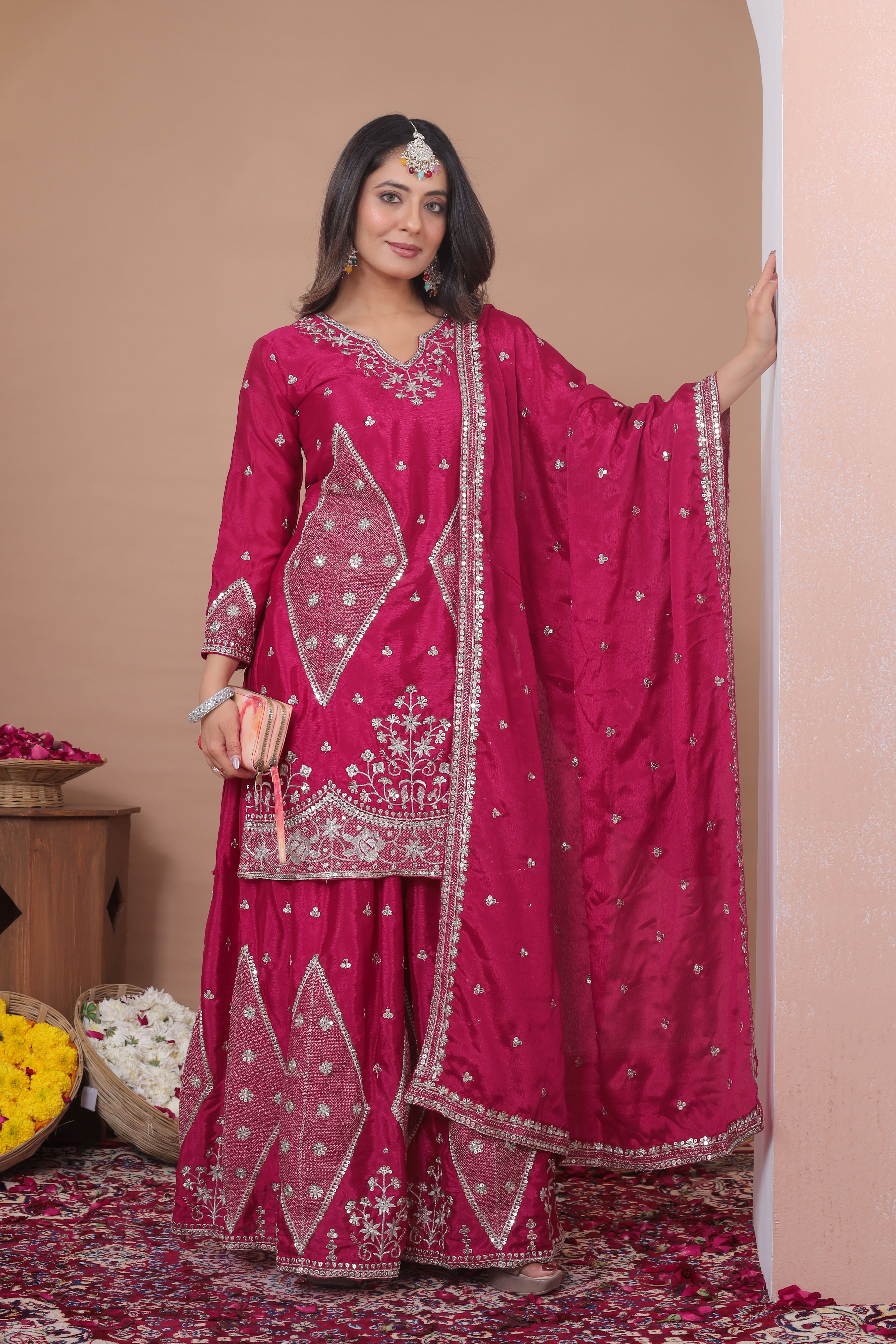 Embroidered Chinon Sharara Suit