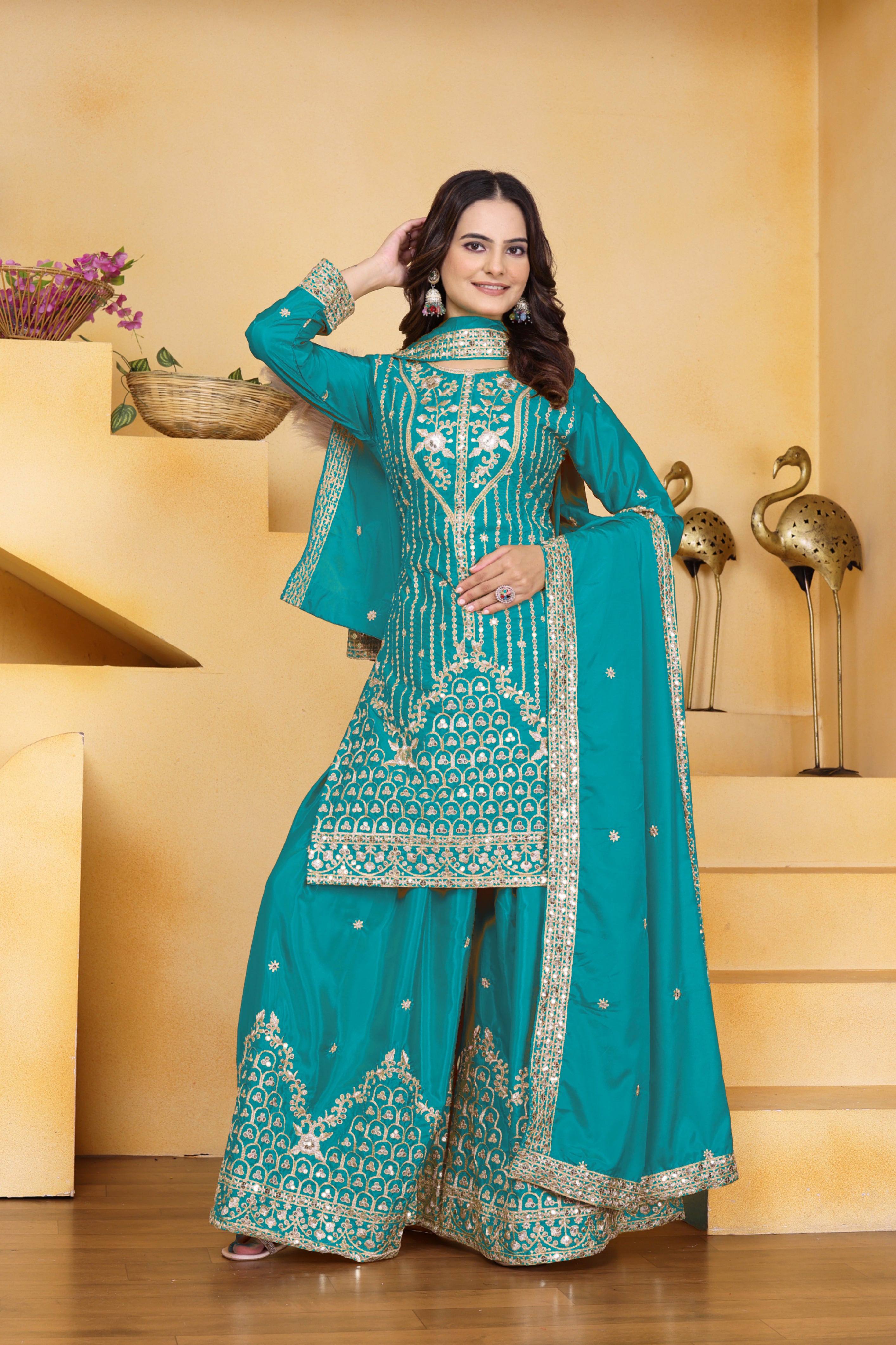 Embroidered Natural Crepe Sharara Suit