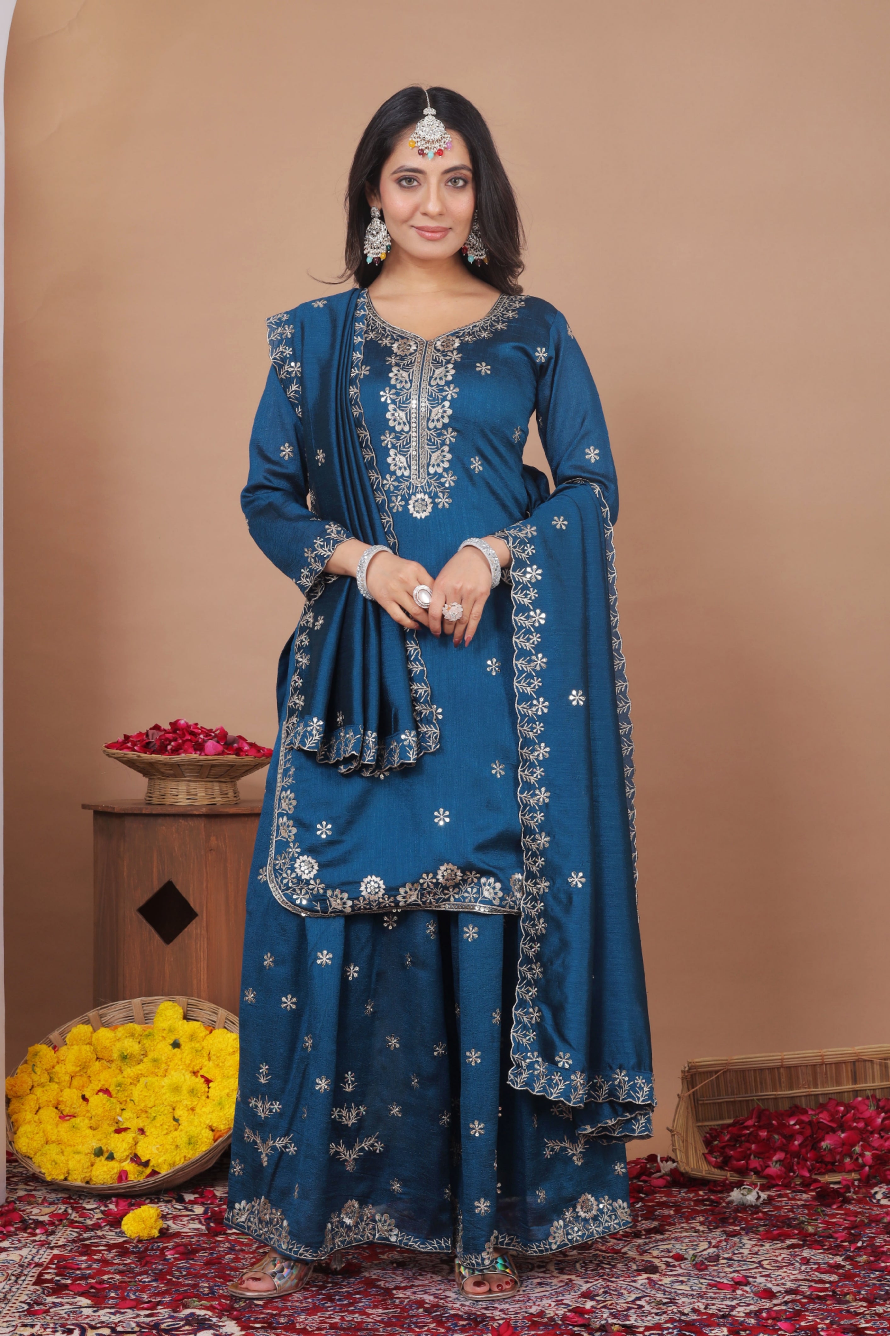 Embroidered Vichitra Silk Sharara Suit