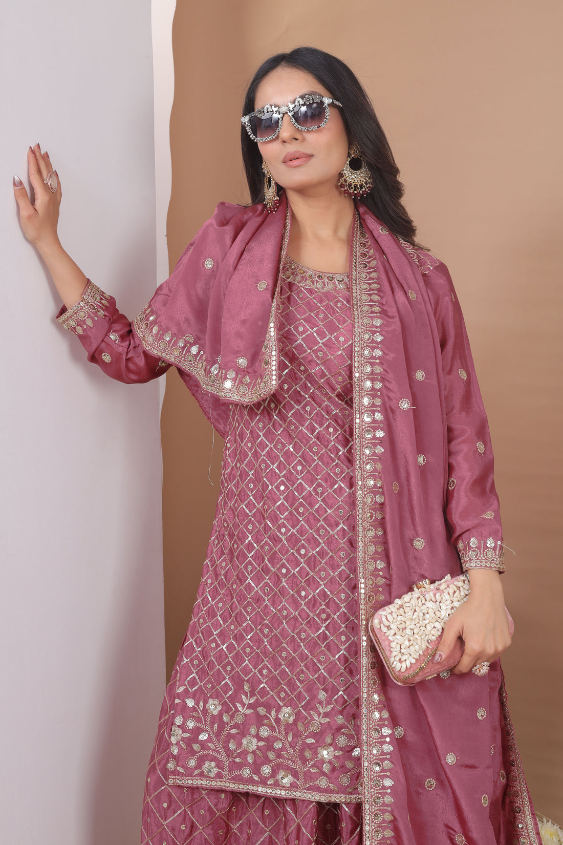 Embroidered Chinon Sharara Suit