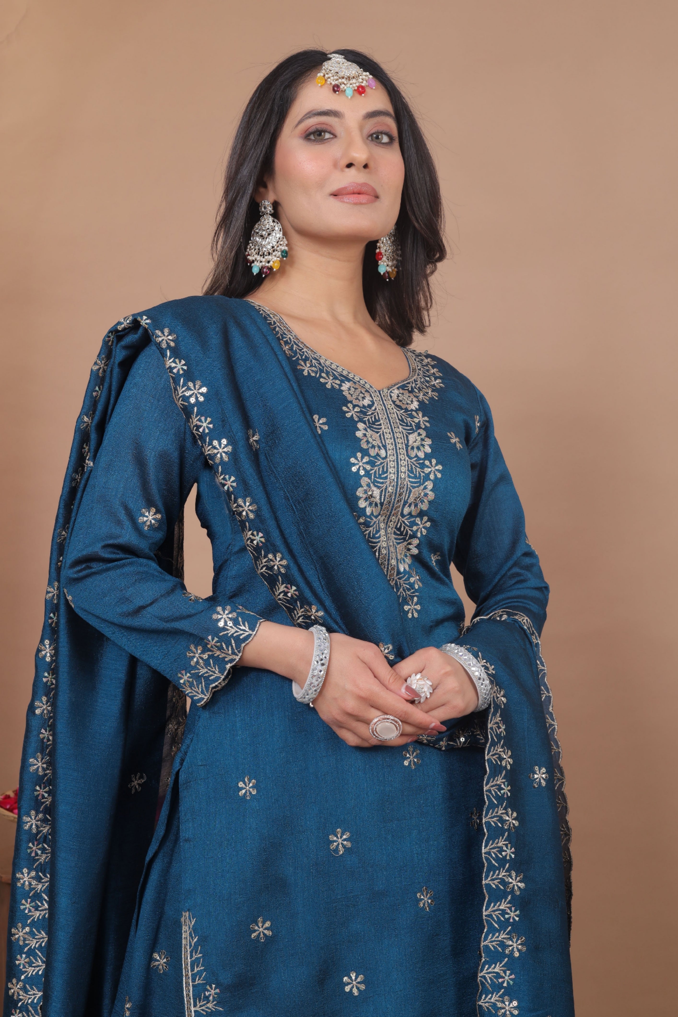 Embroidered Vichitra Silk Sharara Suit