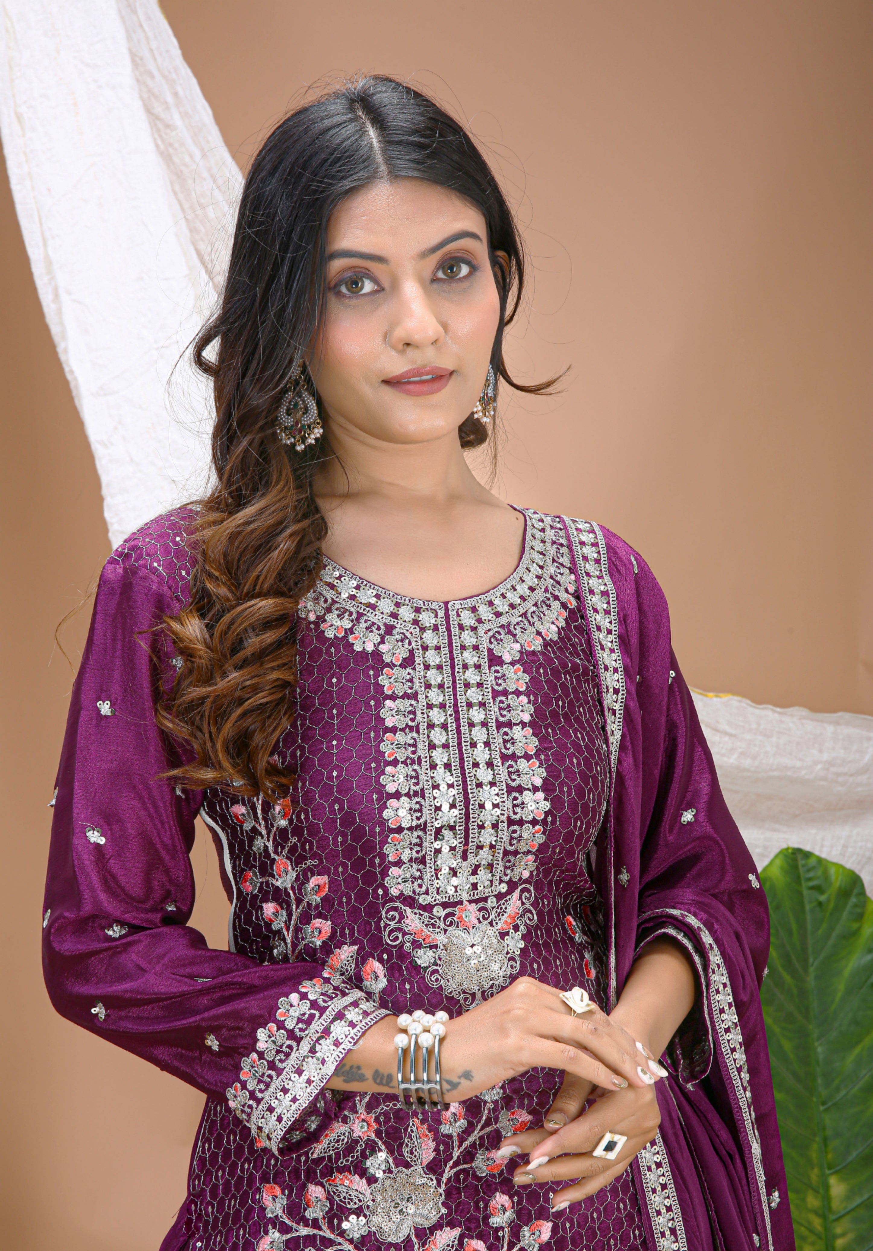Embroidered Chinon Sharara Suit