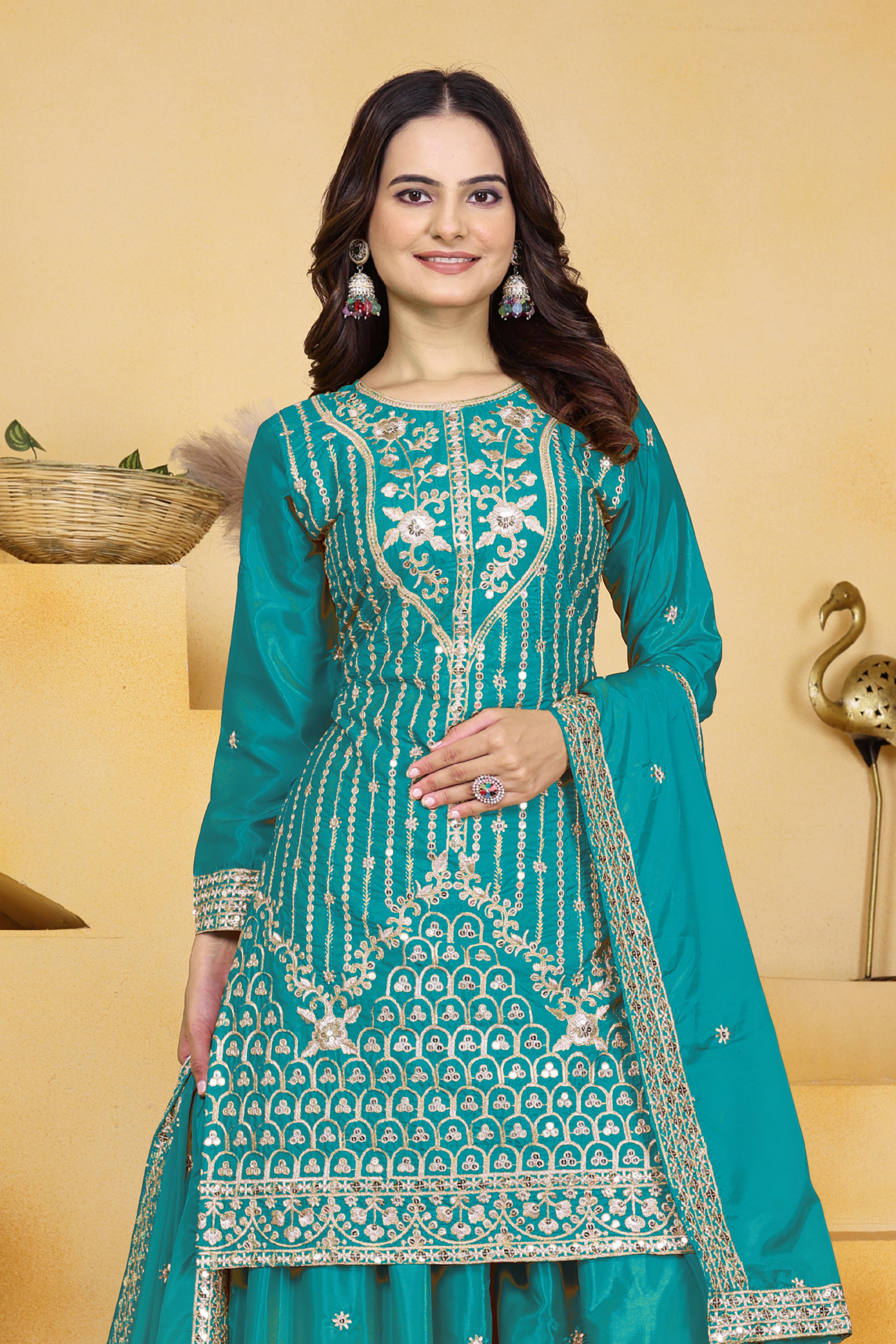 Embroidered Natural Crepe Sharara Suit