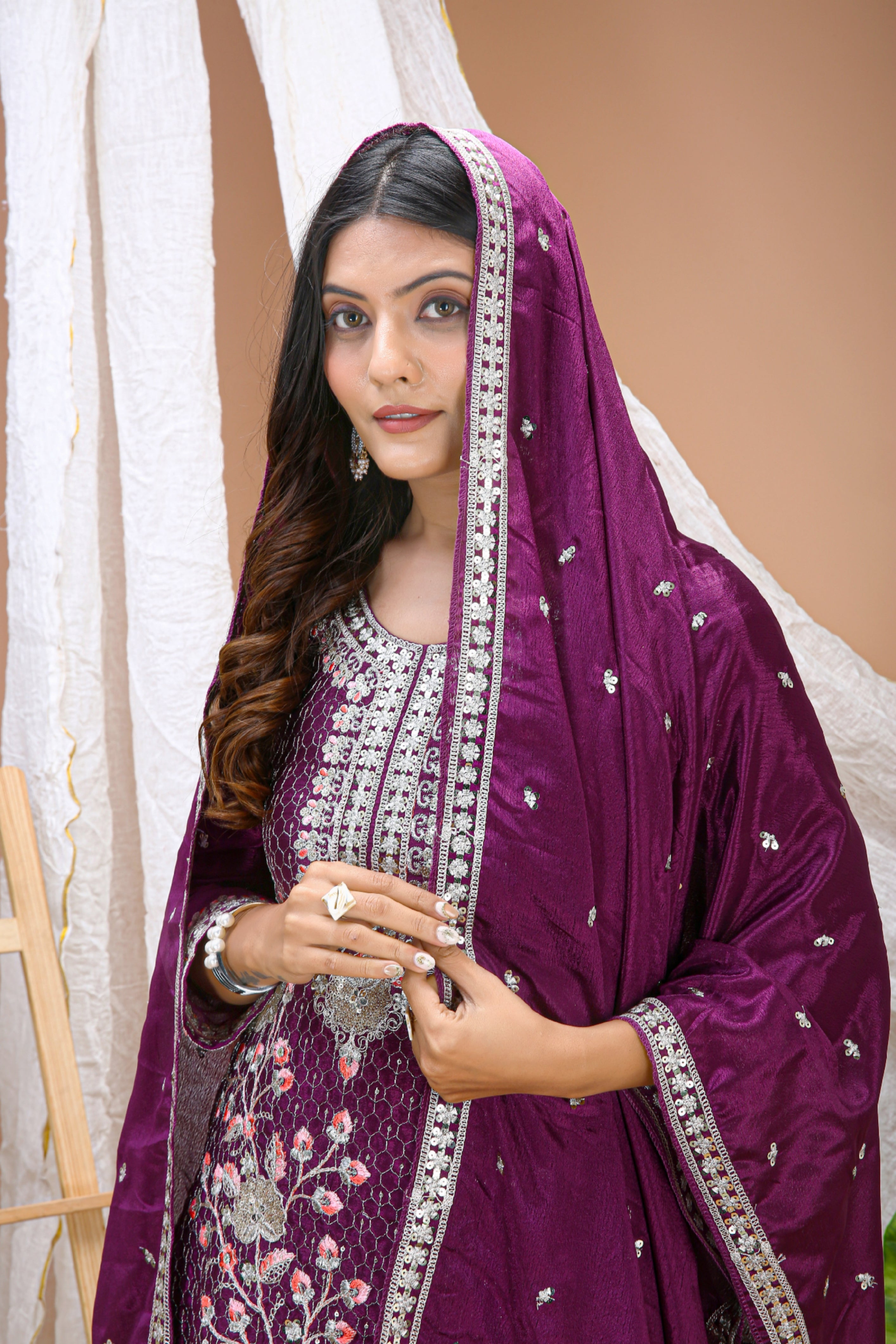 Embroidered Chinon Sharara Suit