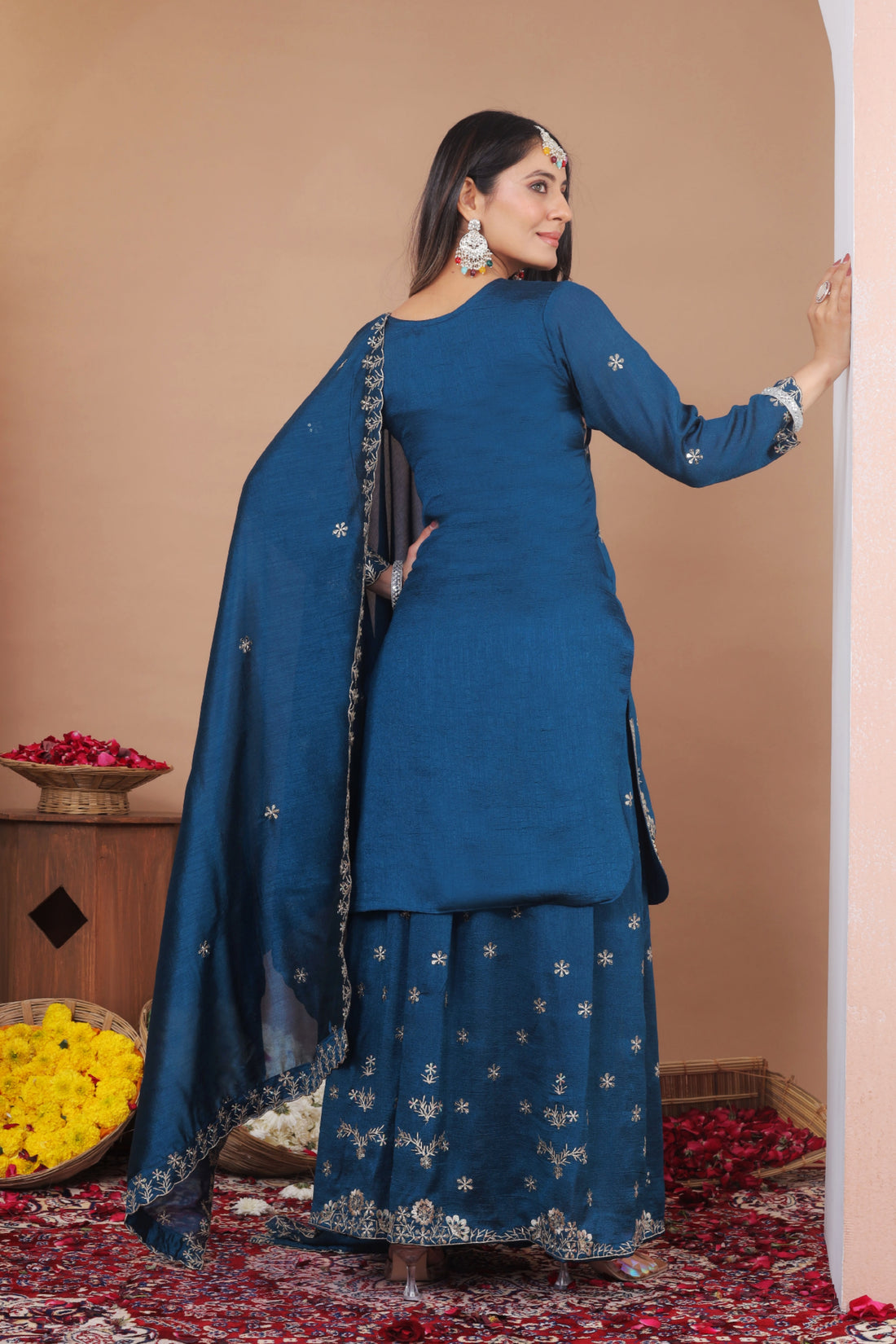 Embroidered Vichitra Silk Sharara Suit