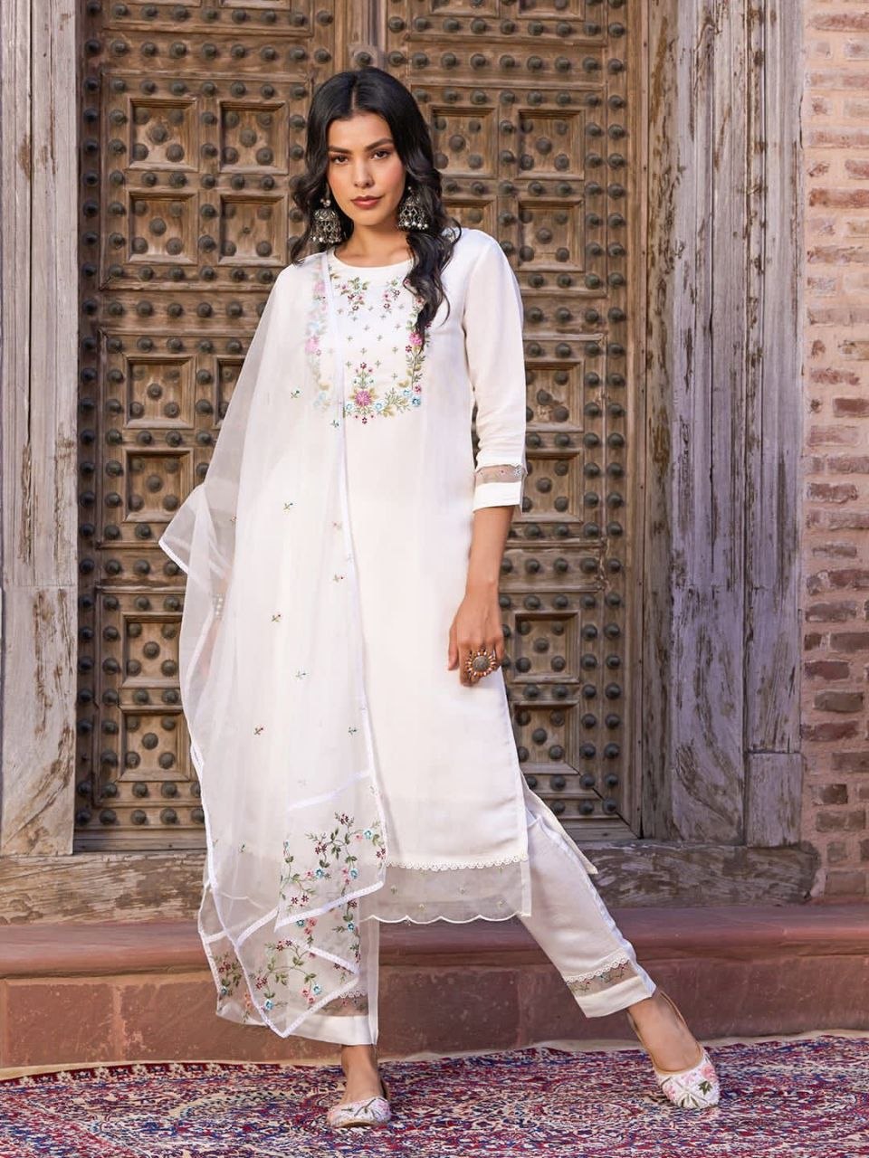 Ivory Bloom Embroidered Chanderi Silk Suit Set
