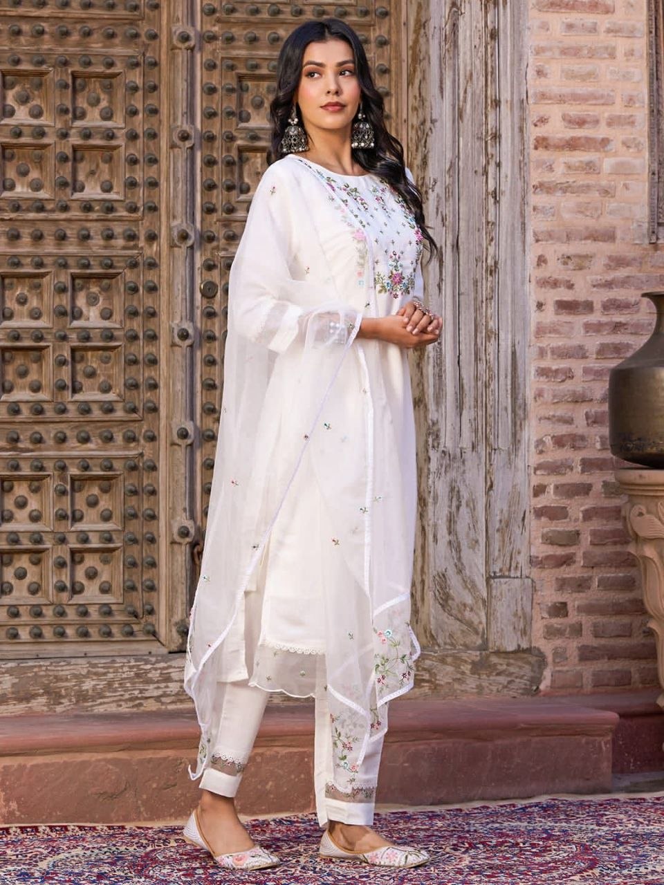 Ivory Bloom Embroidered Chanderi Silk Suit Set