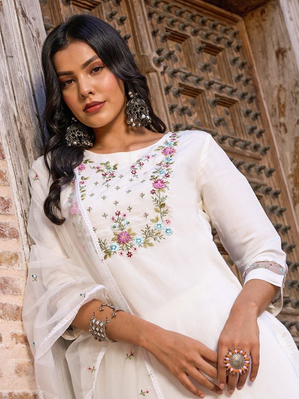 Ivory Bloom Embroidered Chanderi Silk Suit Set