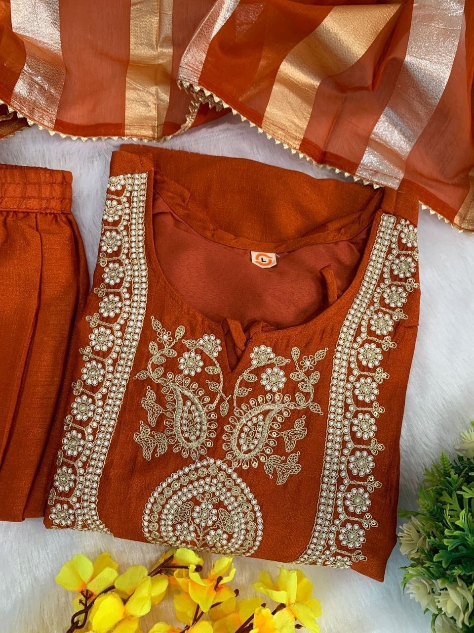 Mojili Vichitra Silk Embroidered Suit Set