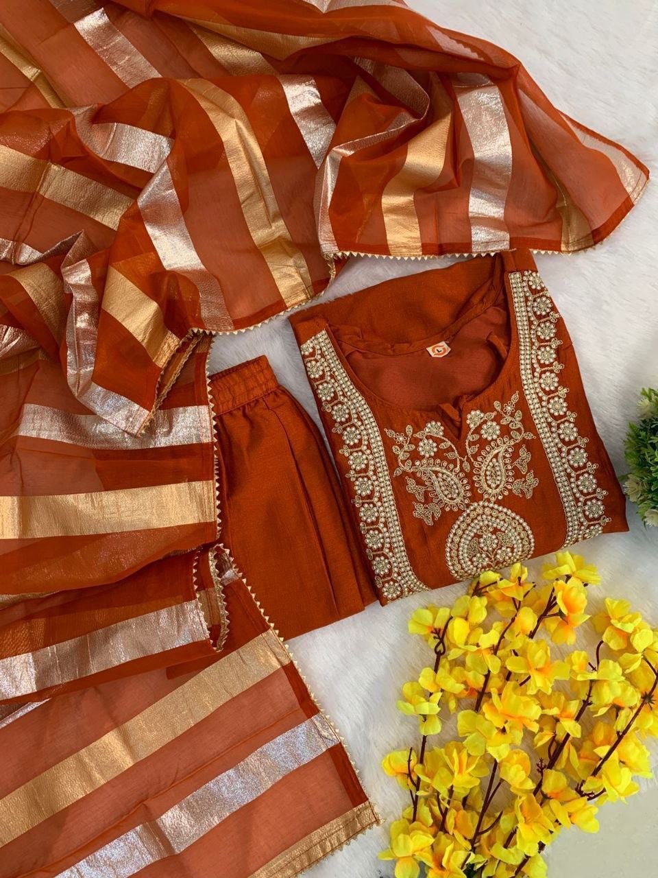 Mojili Vichitra Silk Embroidered Suit Set