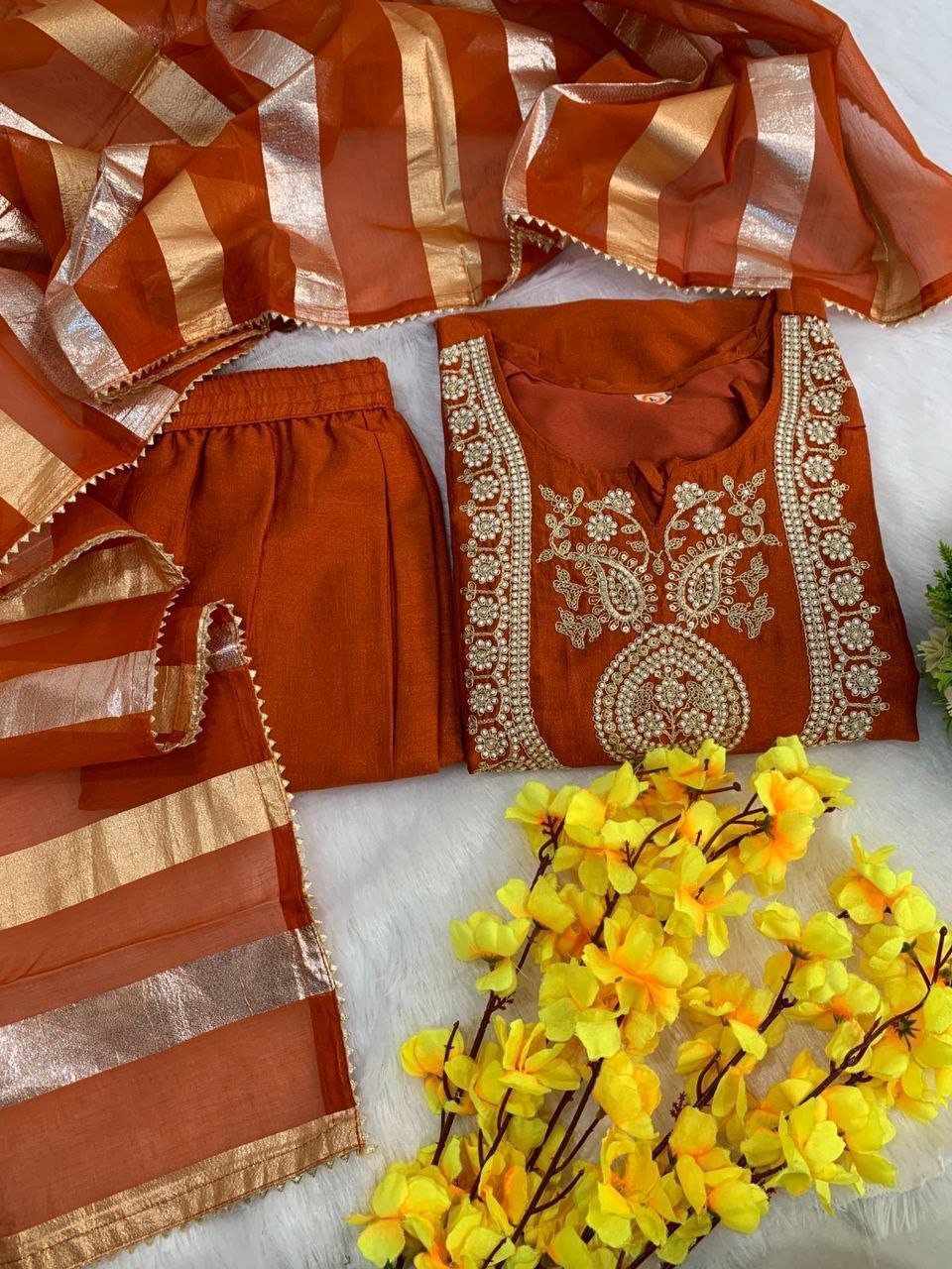Mojili Vichitra Silk Embroidered Suit Set