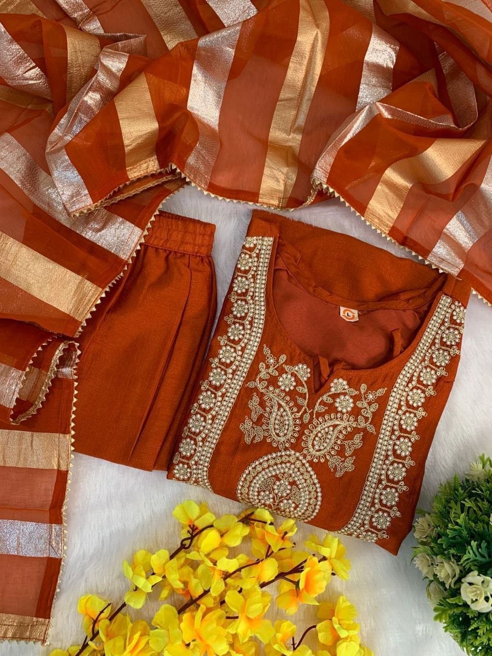 Mojili Vichitra Silk Embroidered Suit Set