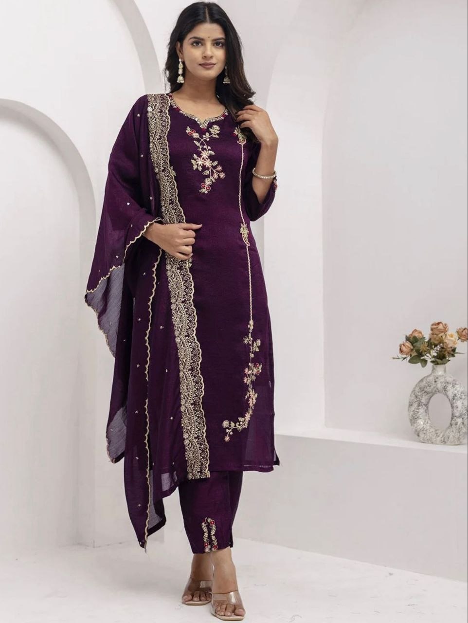 Elegant Floral Embroidered Suit Set