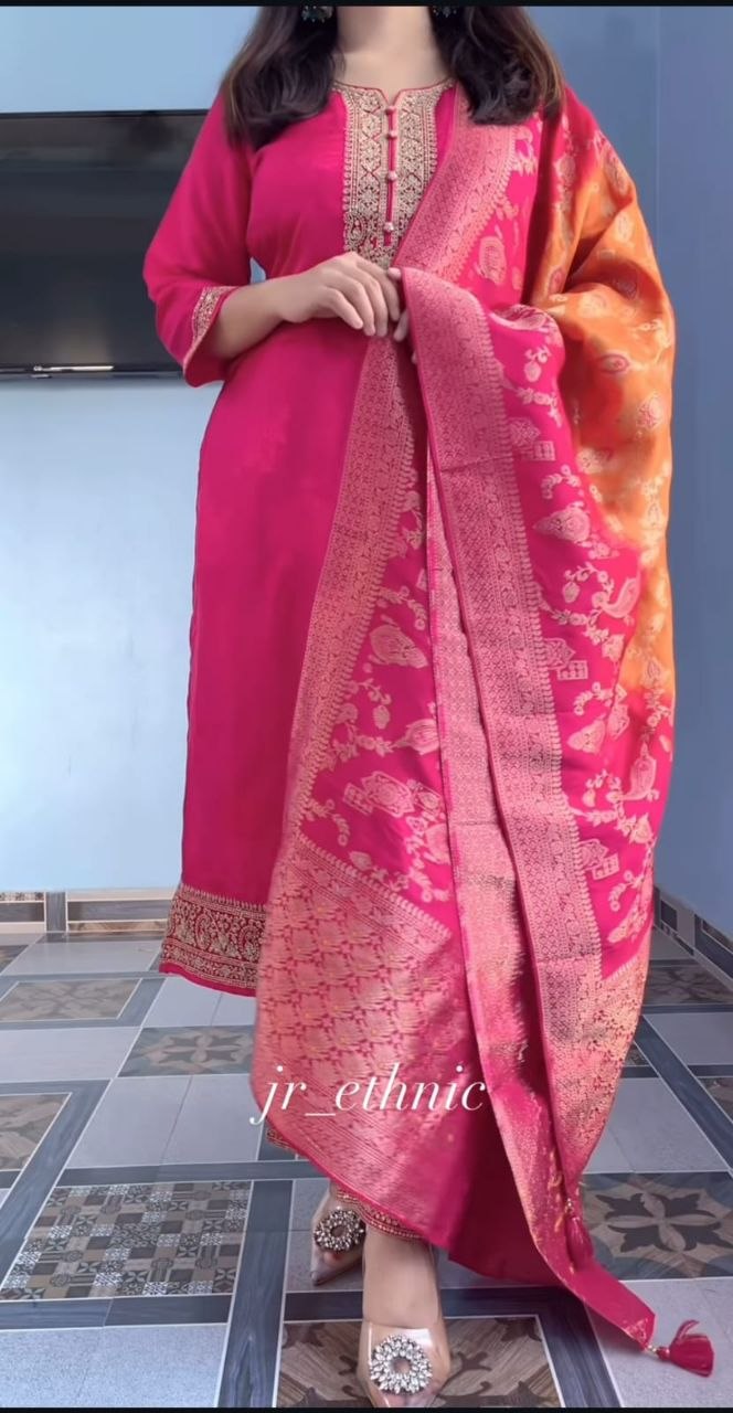 Royal Pink Haldi Banarasi Jacquard Suit Set