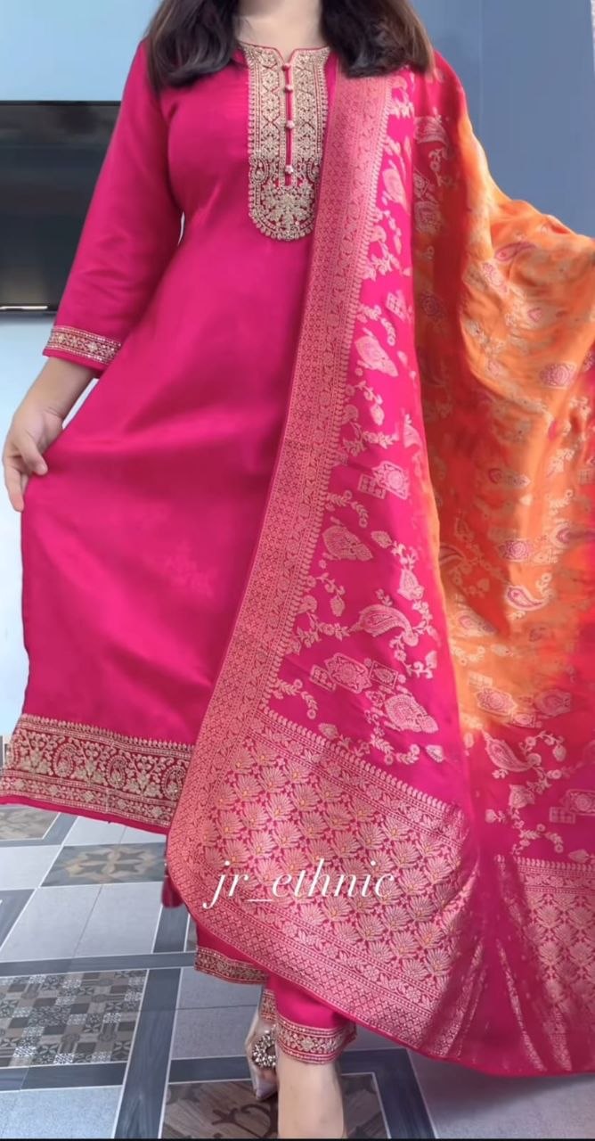 Royal Pink Haldi Banarasi Jacquard Suit Set