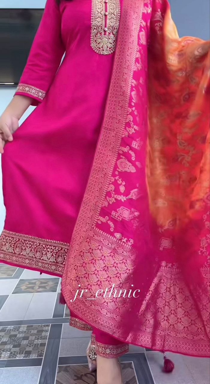 Royal Pink Haldi Banarasi Jacquard Suit Set