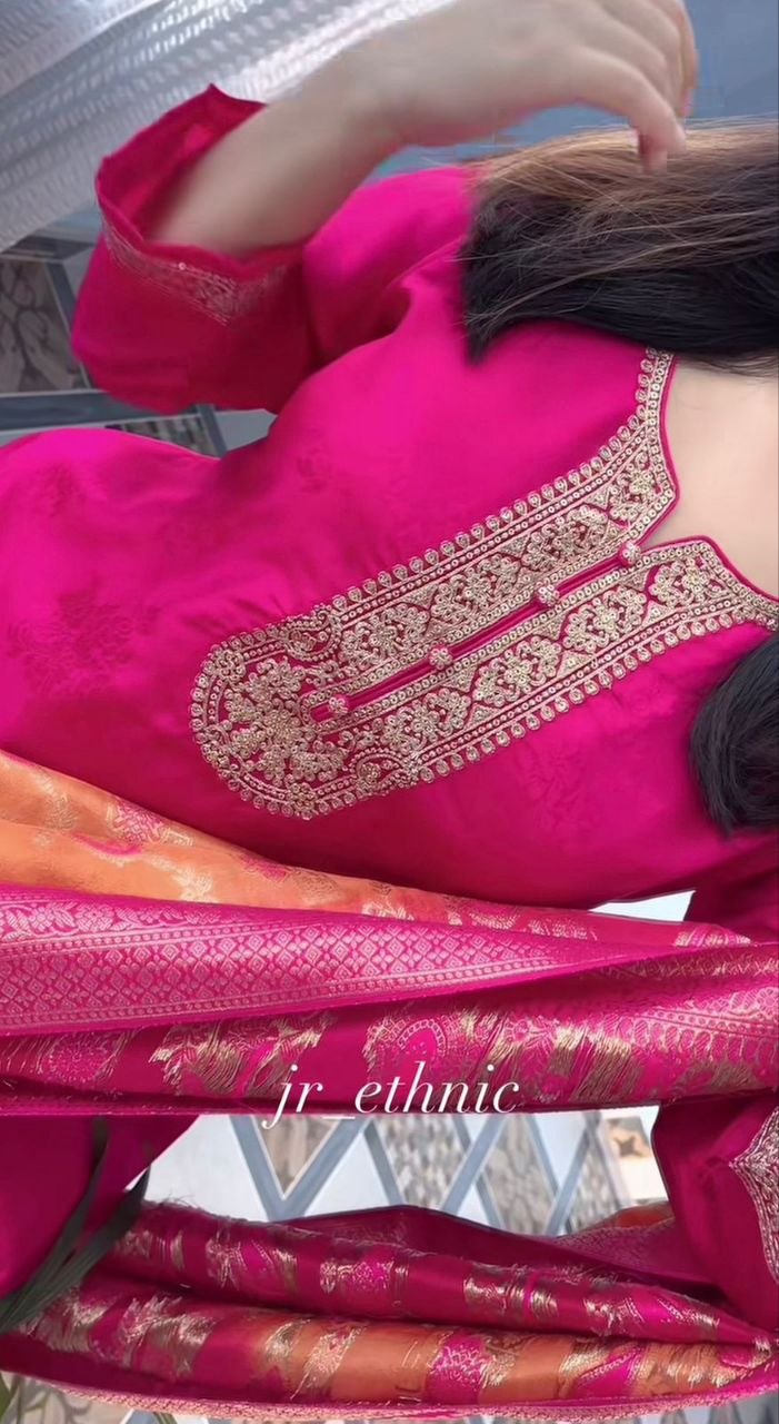 Royal Pink Haldi Banarasi Jacquard Suit Set