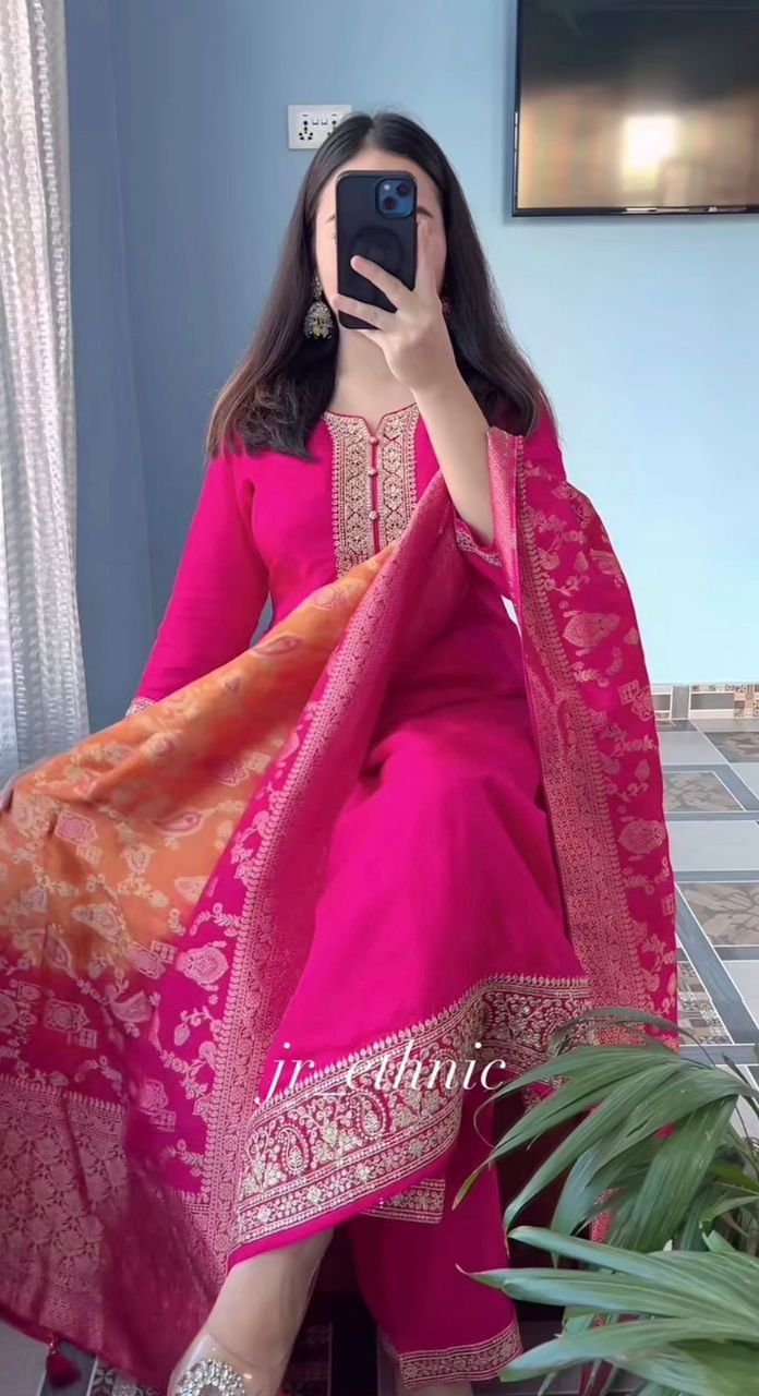 Royal Pink Haldi Banarasi Jacquard Suit Set