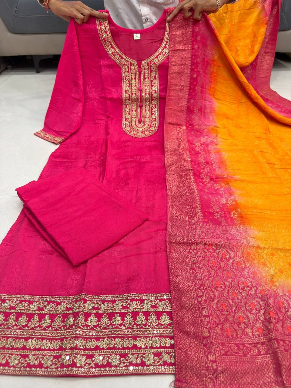 Royal Pink Haldi Banarasi Jacquard Suit Set