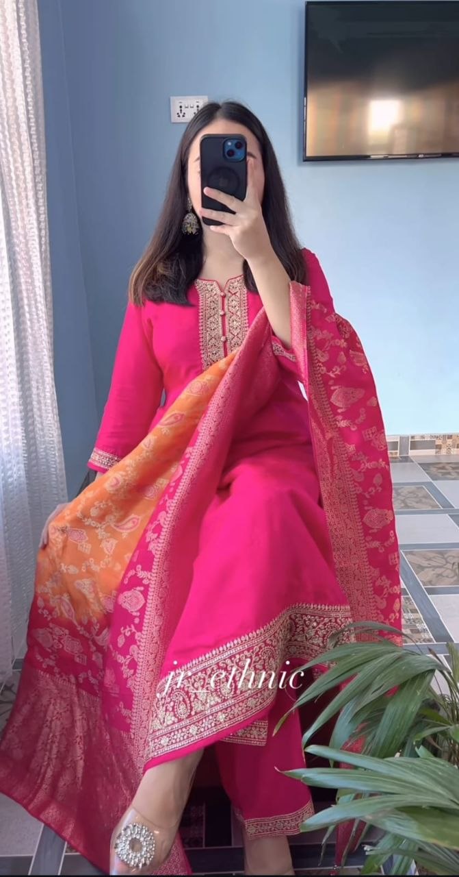 Royal Pink Haldi Banarasi Jacquard Suit Set