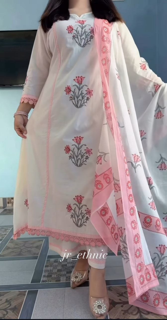 Hand Block Print Cotton Ghera 3-Piece Set